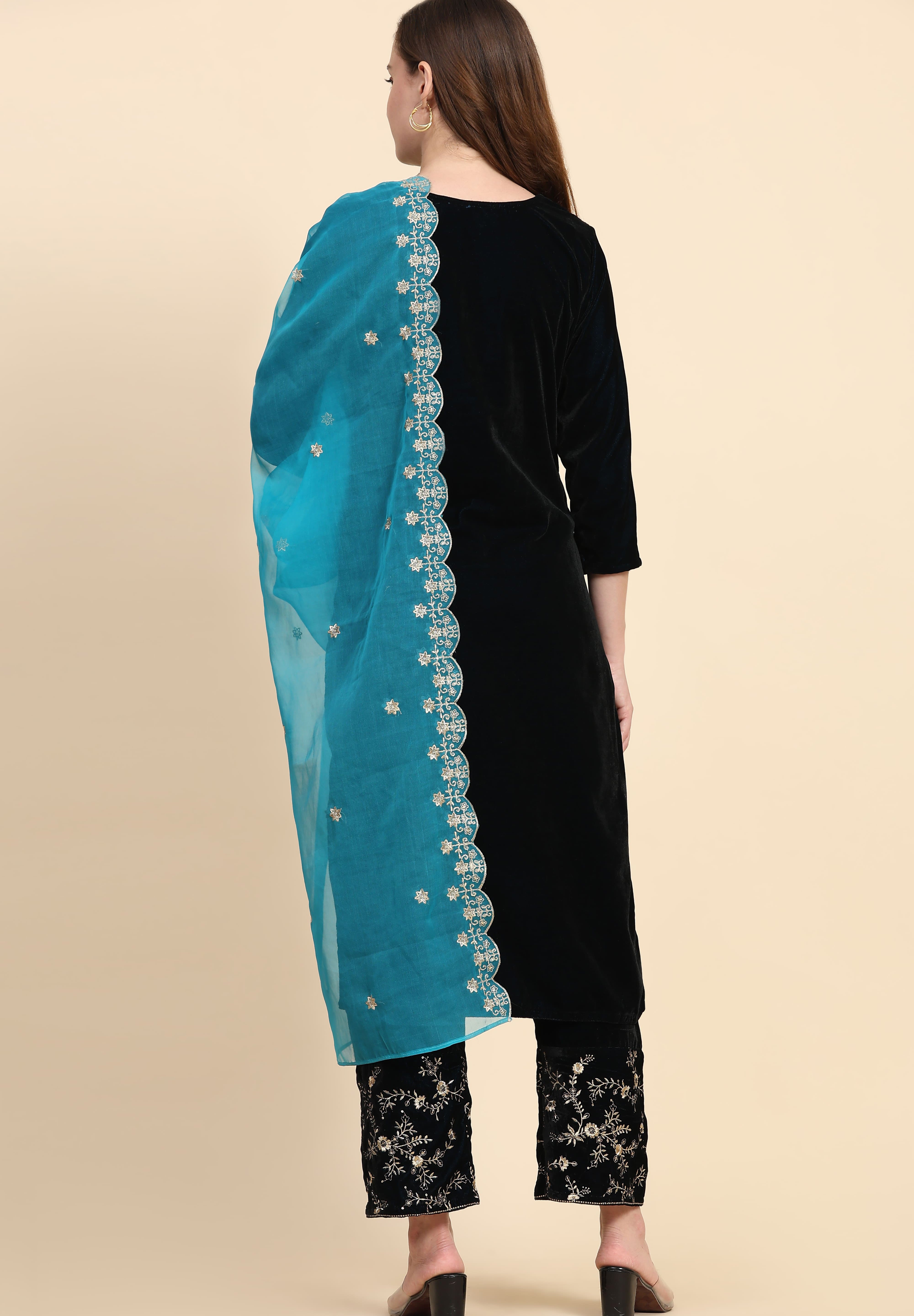 Blue Velvet Embroidery Salwar Suit Set with Dupatta For Women's Trendmallsin