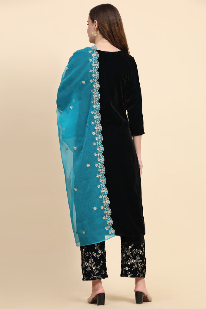 Blue Velvet Embroidery Salwar Suit Set with Dupatta For Women's Trendmallsin