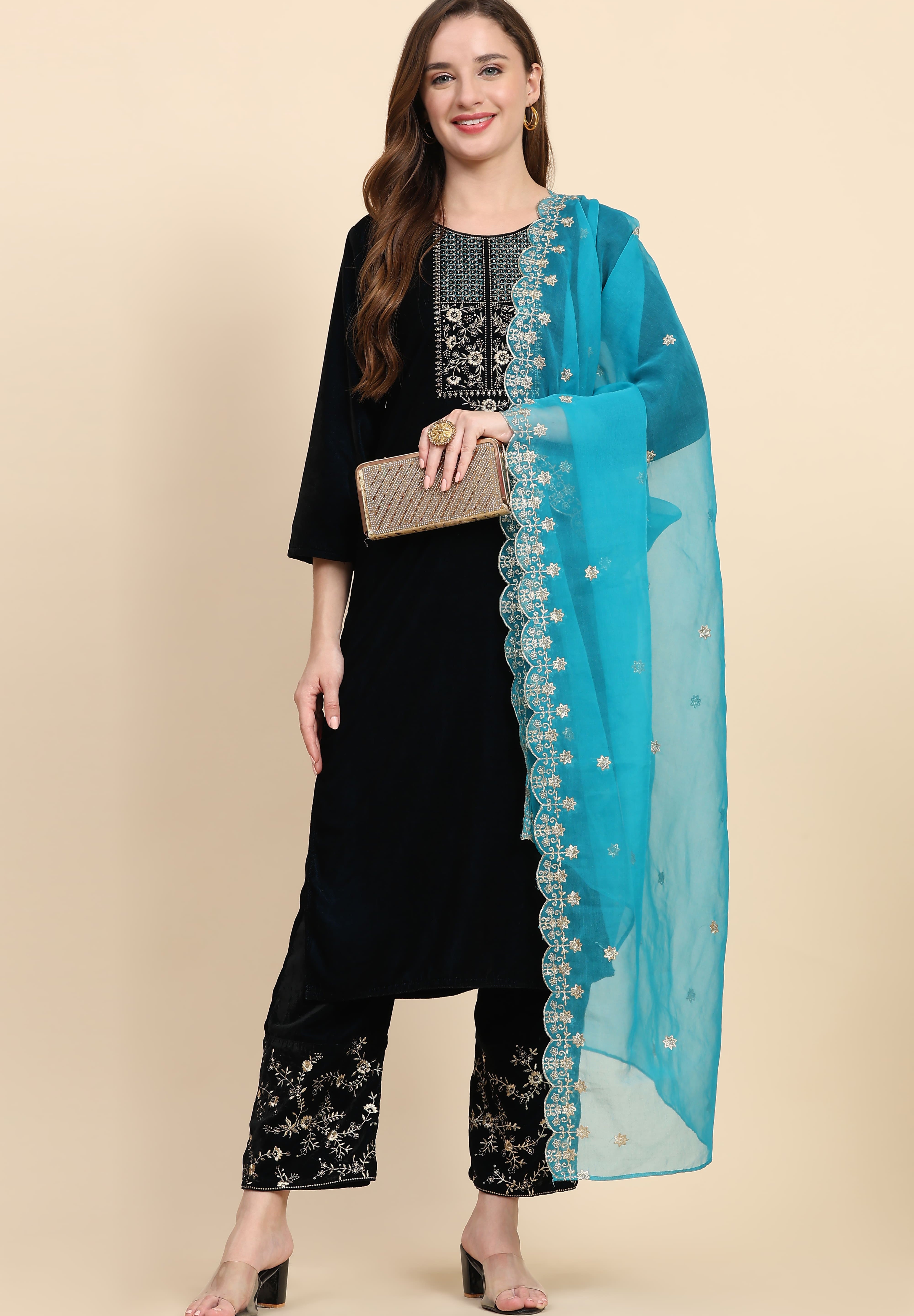 Blue Velvet Embroidery Salwar Suit Set with Dupatta For Women's Trendmallsin