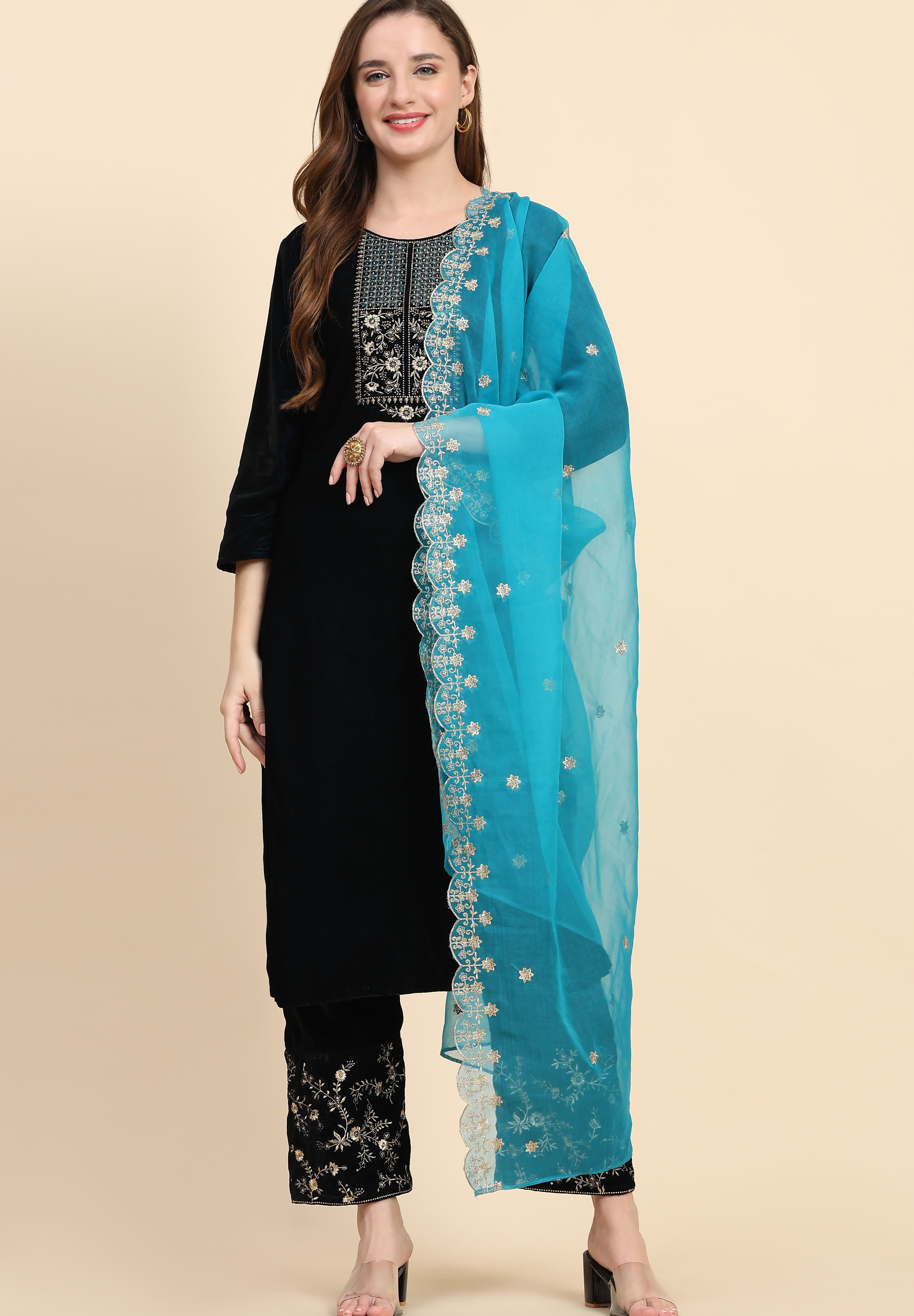 Blue Velvet Embroidery Salwar Suit Set with Dupatta For Women's Trendmallsin