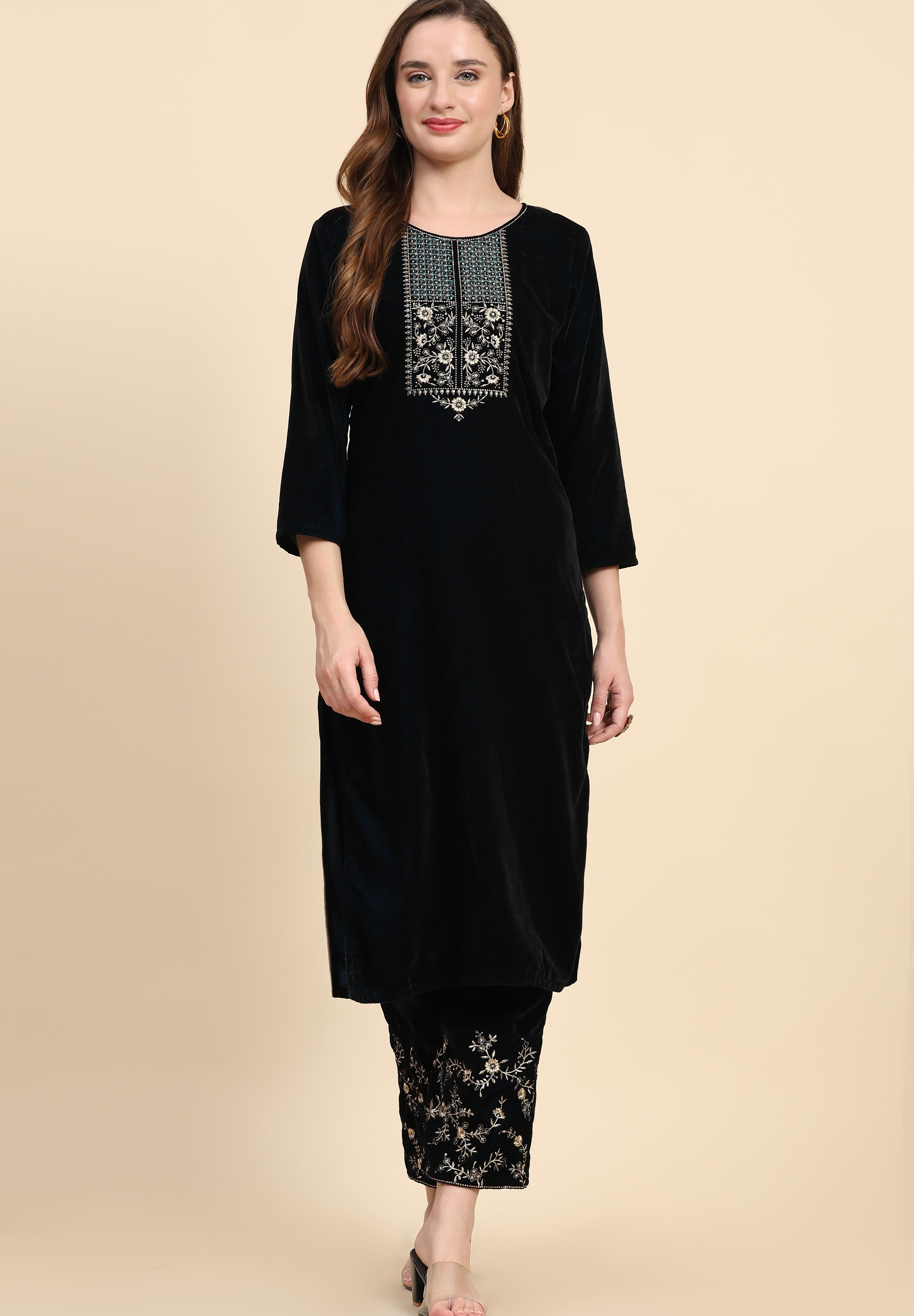 Blue Velvet Embroidery Salwar Suit Set with Dupatta For Women's Trendmallsin