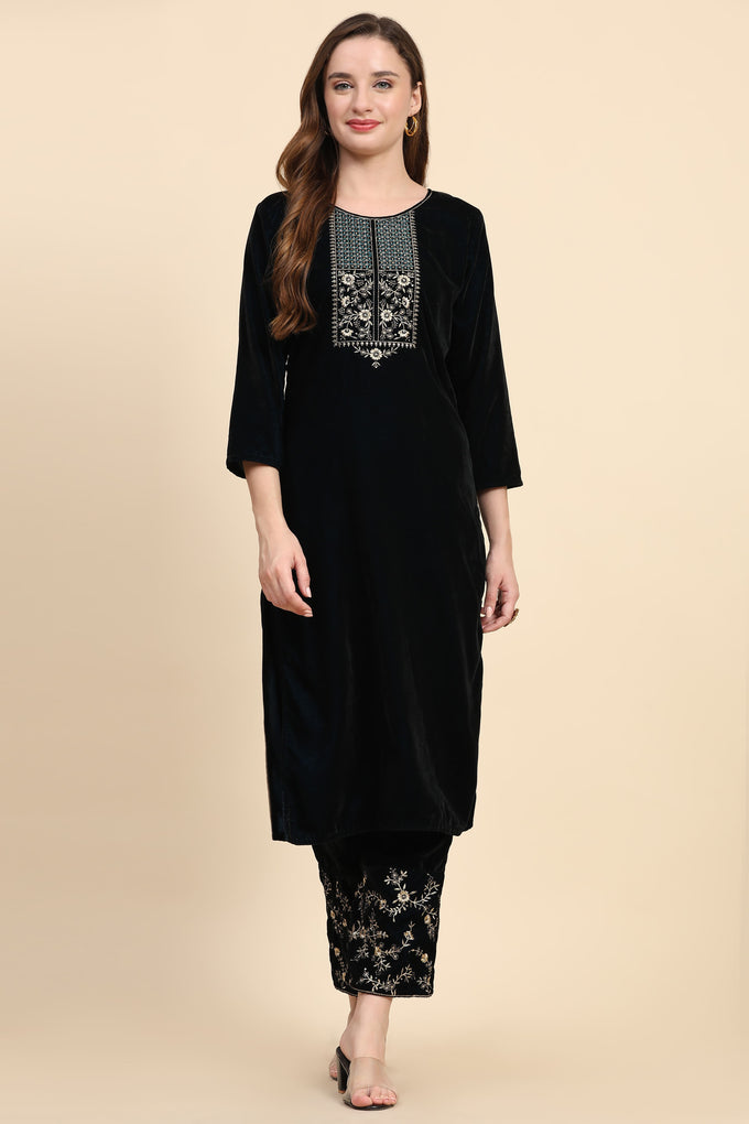Blue Velvet Embroidery Salwar Suit Set with Dupatta For Women's Trendmallsin
