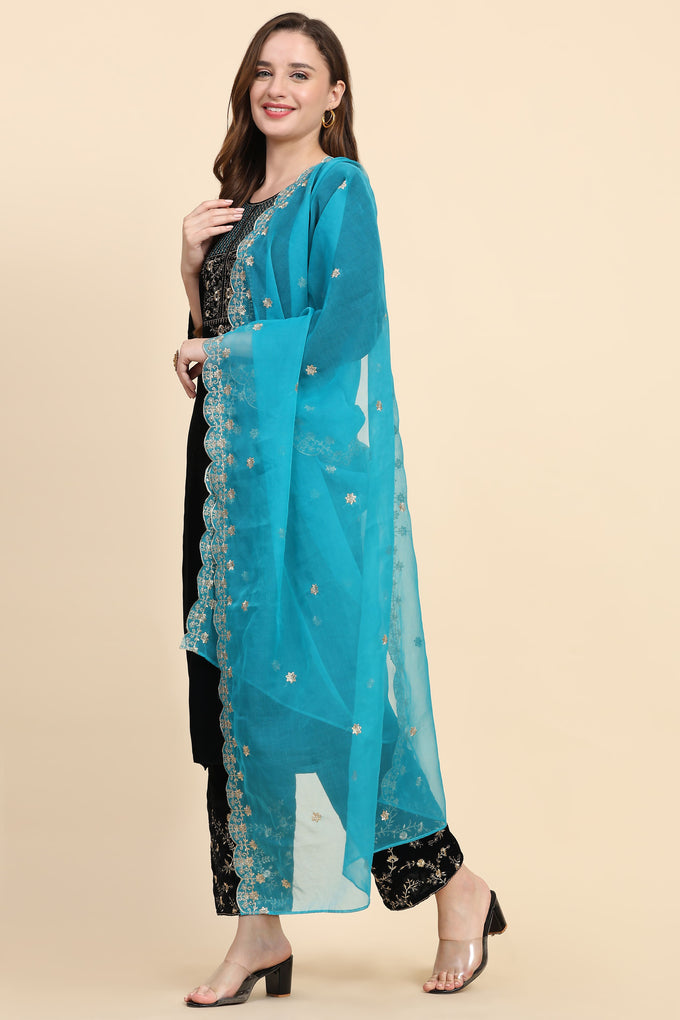 Blue Velvet Embroidery Salwar Suit Set with Dupatta For Women's Trendmallsin