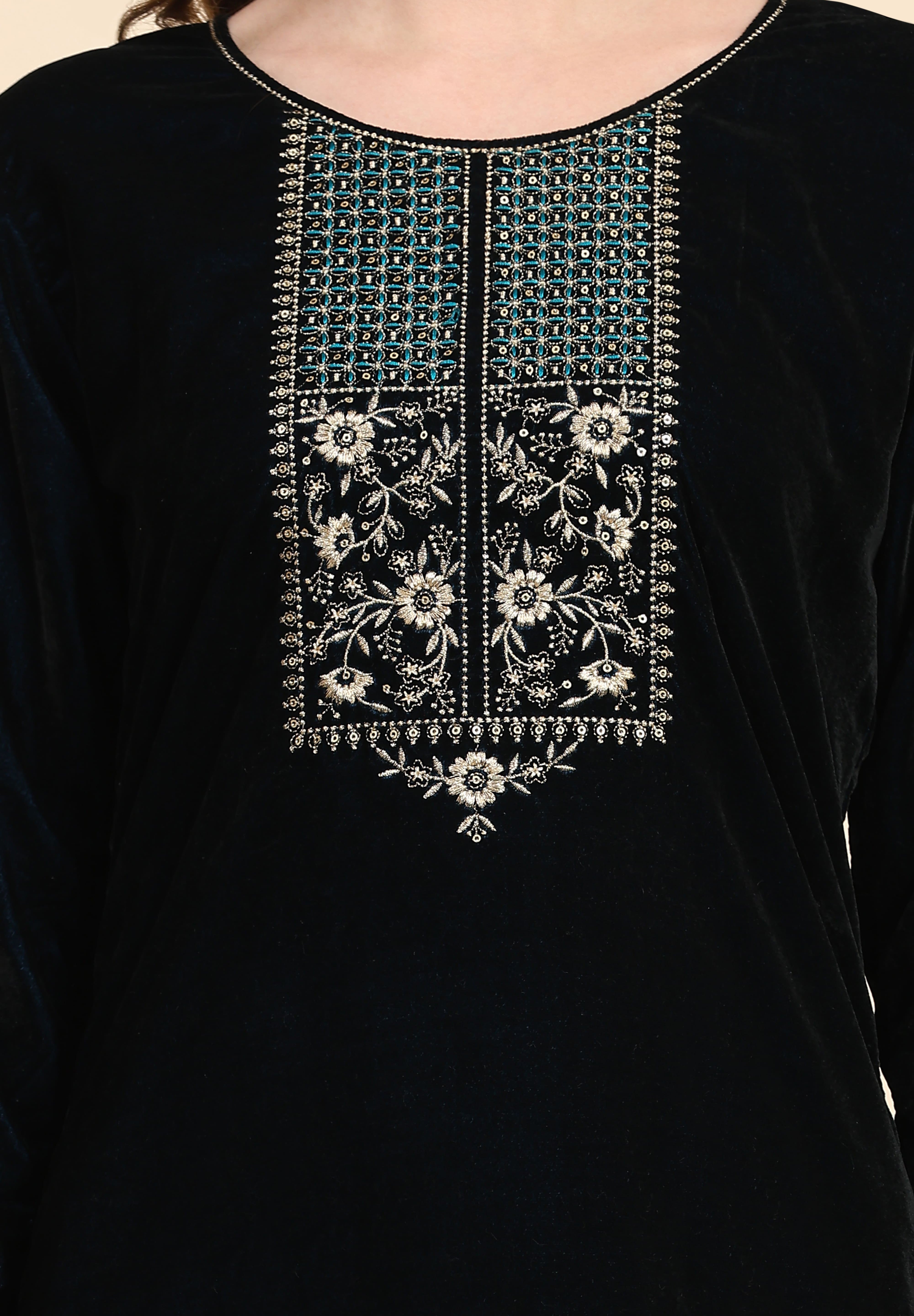 Blue Velvet Embroidery Salwar Suit Set with Dupatta For Women's Trendmallsin