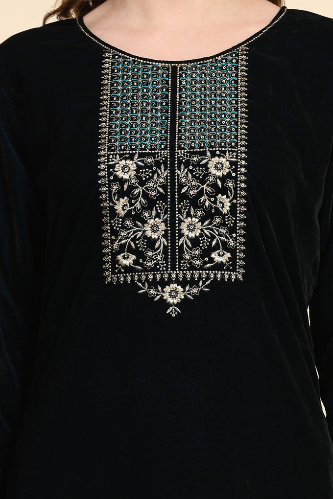 Blue Velvet Embroidery Salwar Suit Set with Dupatta For Women's Trendmallsin