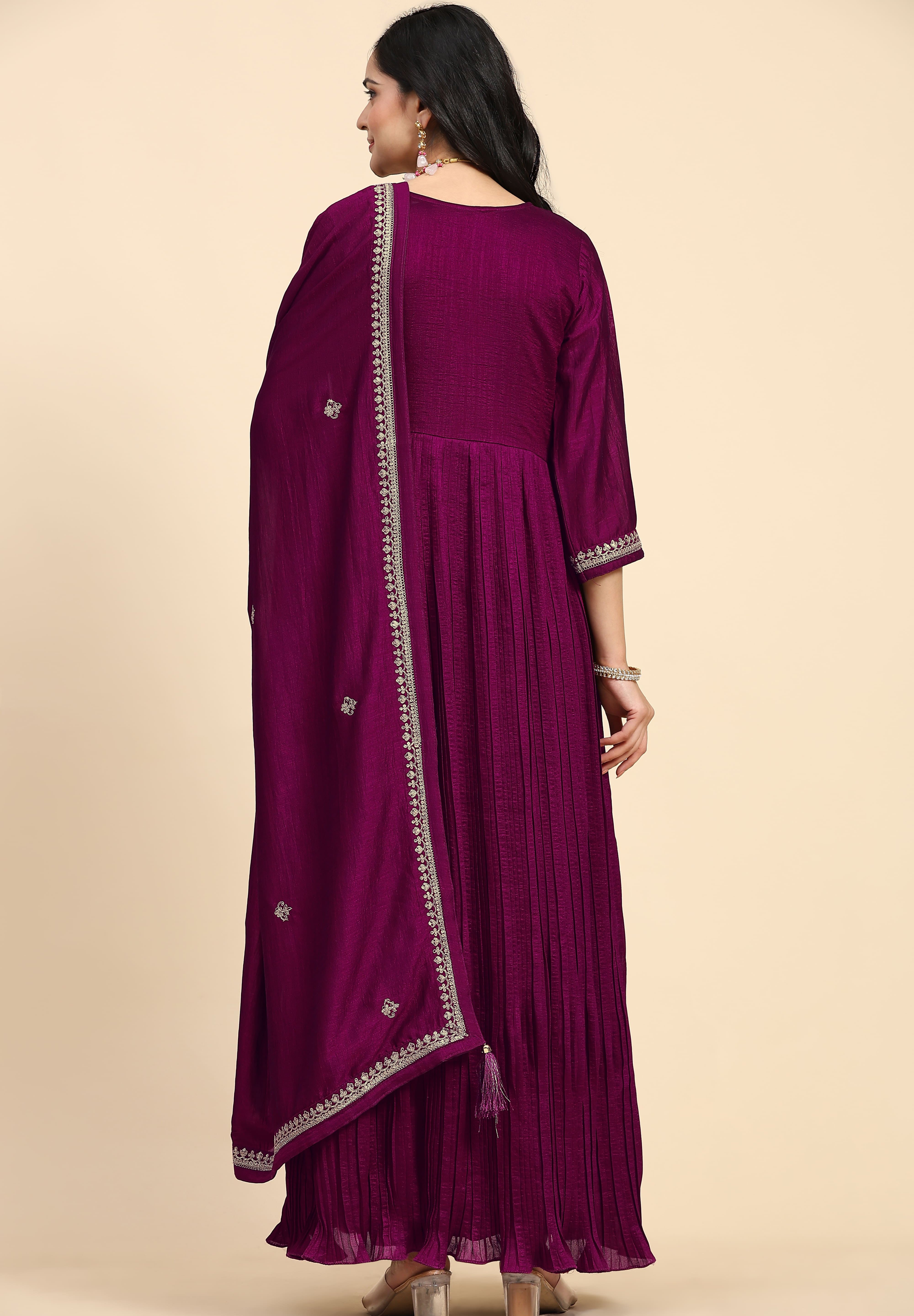 Purple Vichitra Silk Embroidery Anarkali  Salwar Suit Set with Dupatta For Women's Trendmallsin
