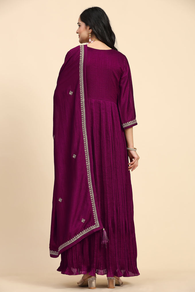 Purple Vichitra Silk Embroidery Anarkali  Salwar Suit Set with Dupatta For Women's Trendmallsin
