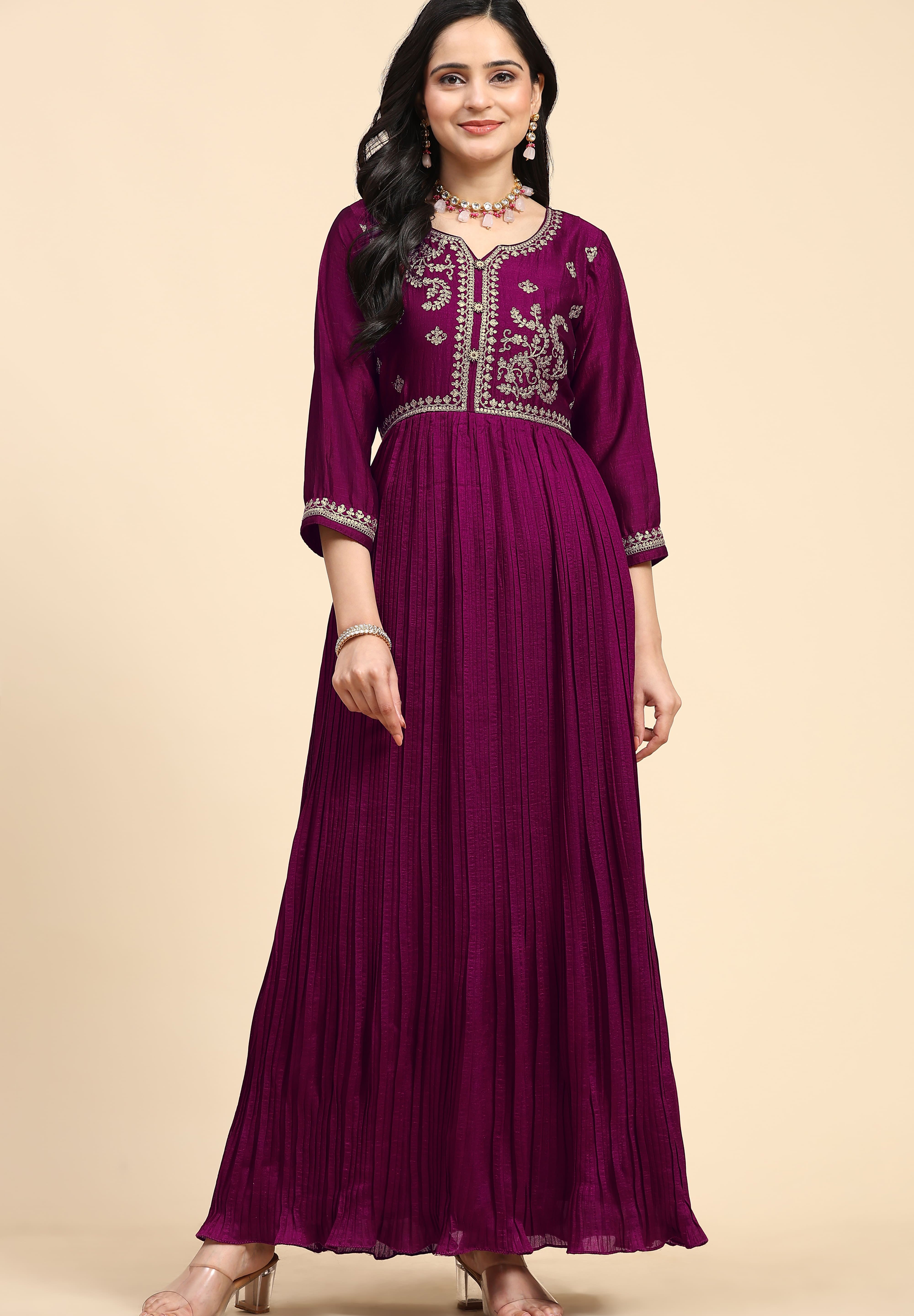Purple Vichitra Silk Embroidery Anarkali  Salwar Suit Set with Dupatta For Women's Trendmallsin