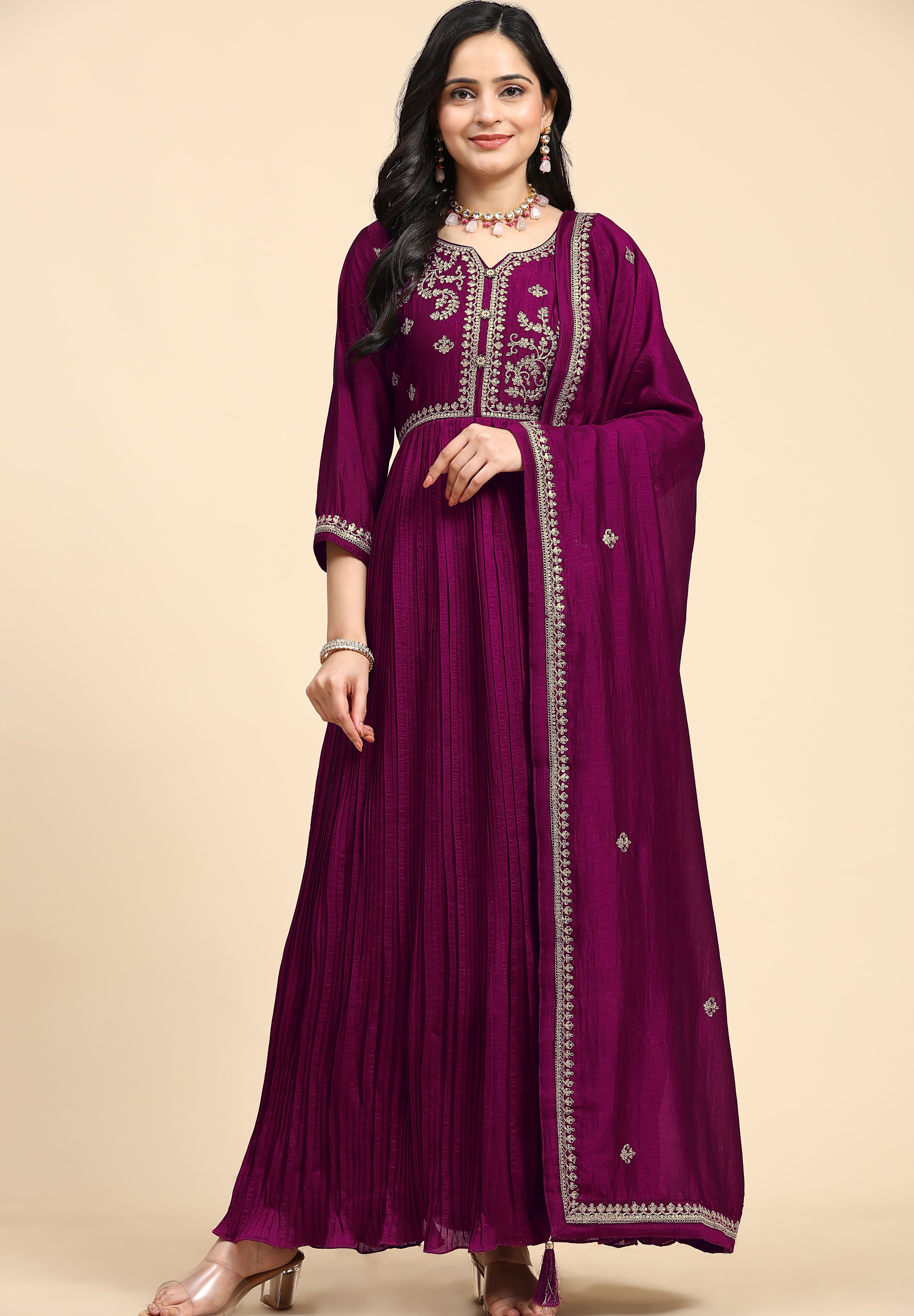 Purple Vichitra Silk Embroidery Anarkali  Salwar Suit Set with Dupatta For Women's Trendmallsin