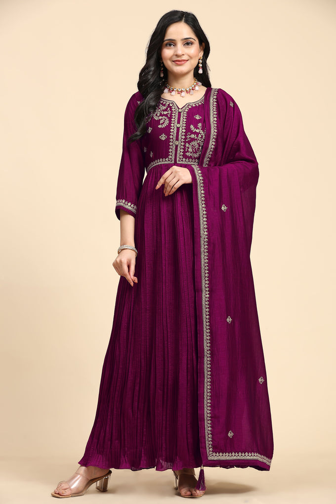 Purple Vichitra Silk Embroidery Anarkali  Salwar Suit Set with Dupatta For Women's Trendmallsin