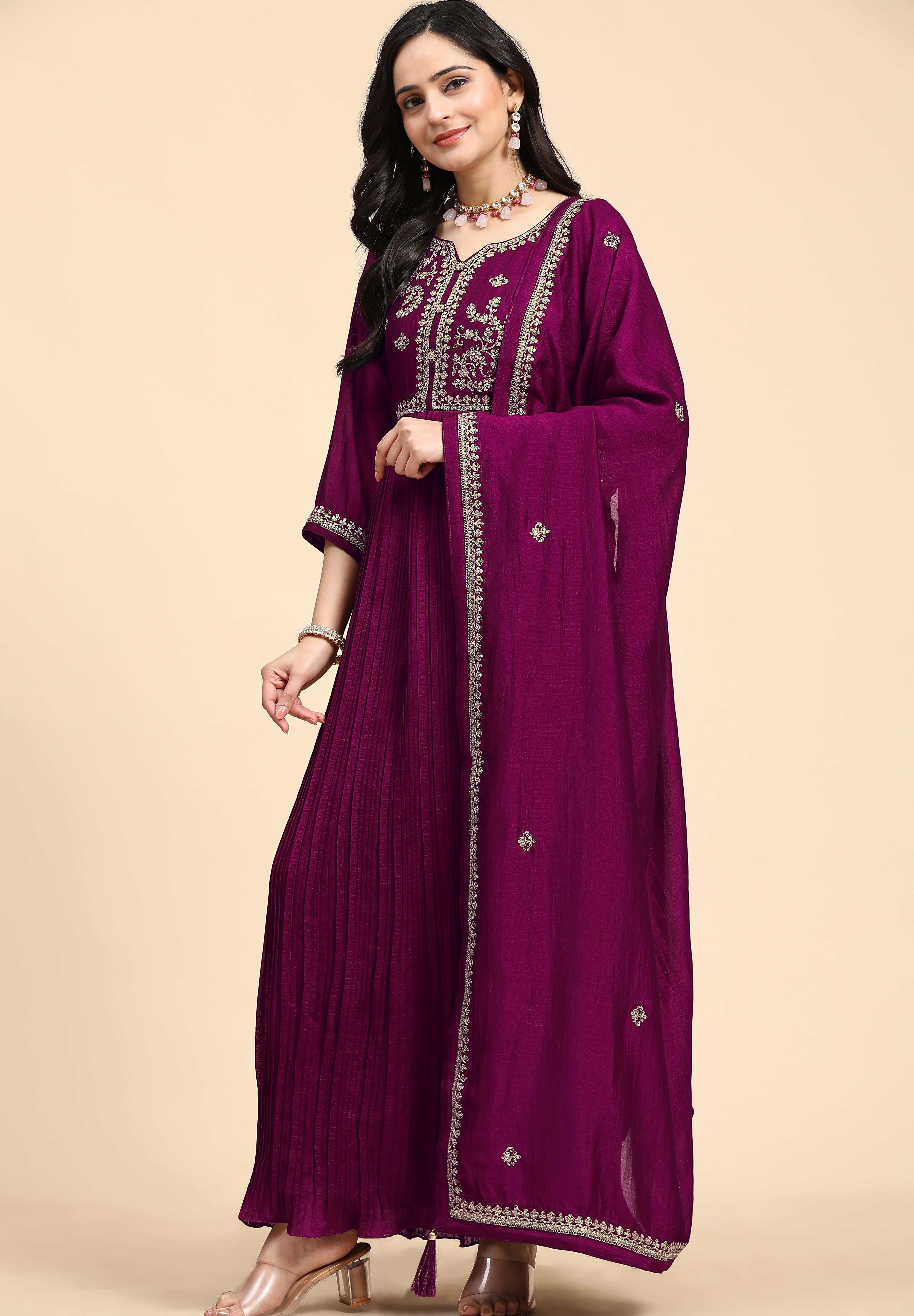 Purple Vichitra Silk Embroidery Anarkali  Salwar Suit Set with Dupatta For Women's Trendmallsin