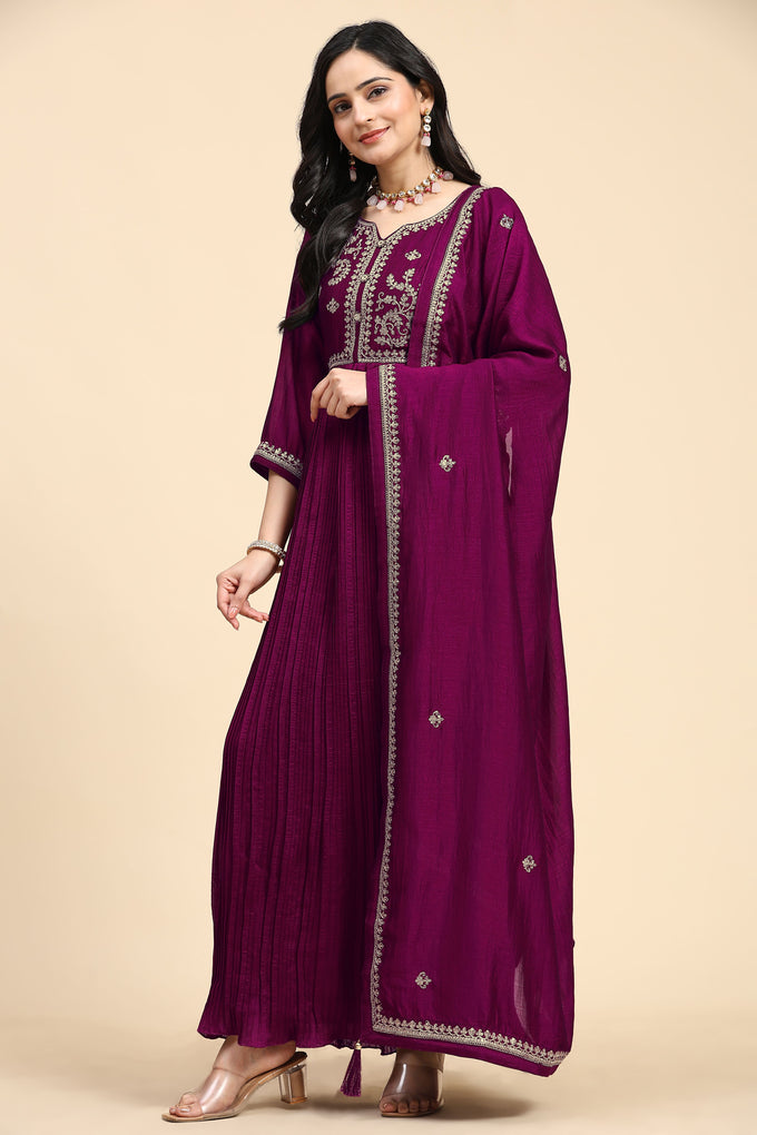 Purple Vichitra Silk Embroidery Anarkali  Salwar Suit Set with Dupatta For Women's Trendmallsin