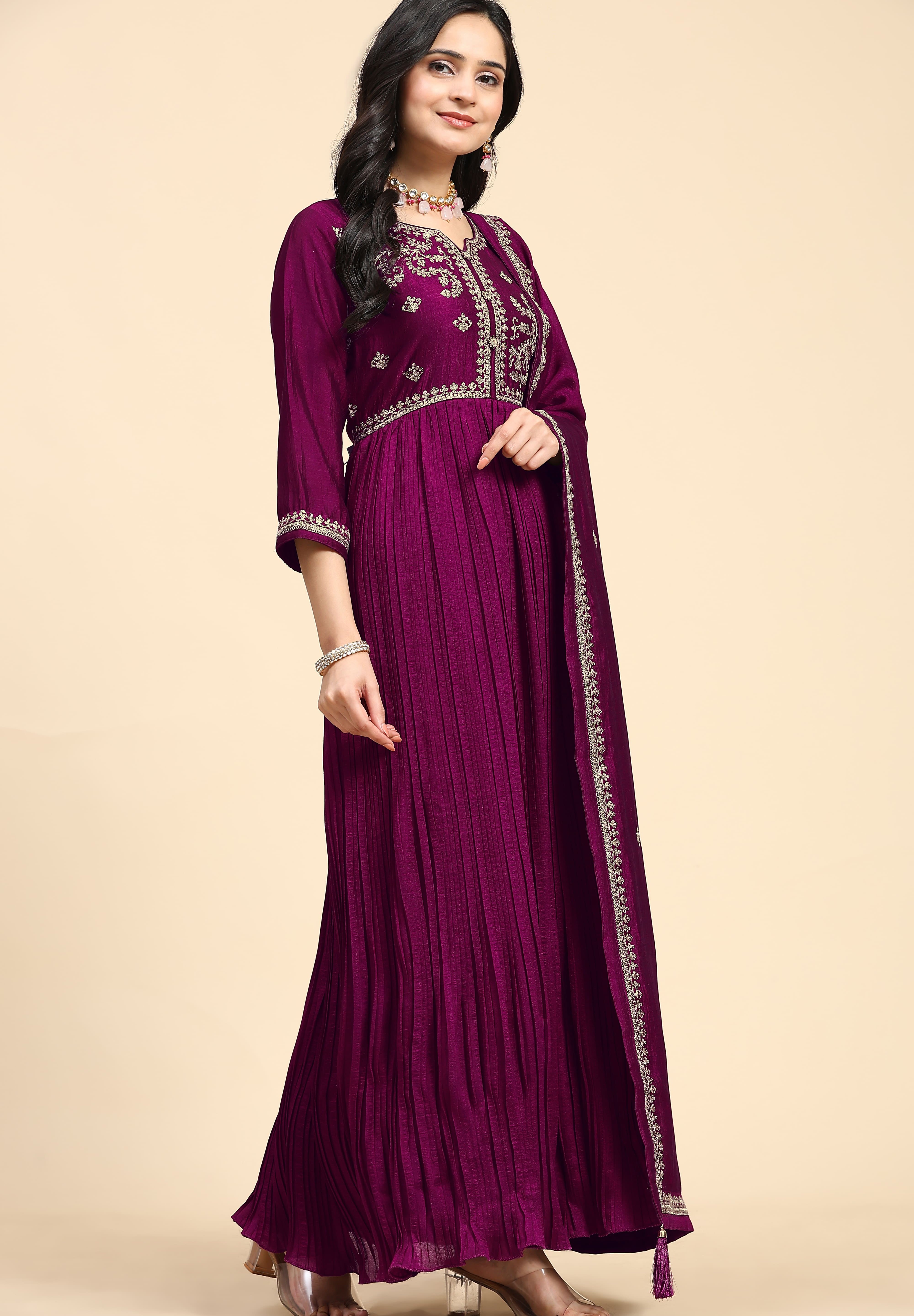 Purple Vichitra Silk Embroidery Anarkali  Salwar Suit Set with Dupatta For Women's Trendmallsin