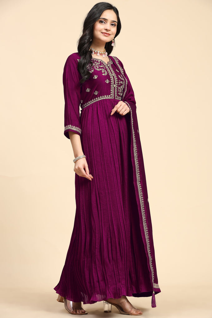 Purple Vichitra Silk Embroidery Anarkali  Salwar Suit Set with Dupatta For Women's Trendmallsin