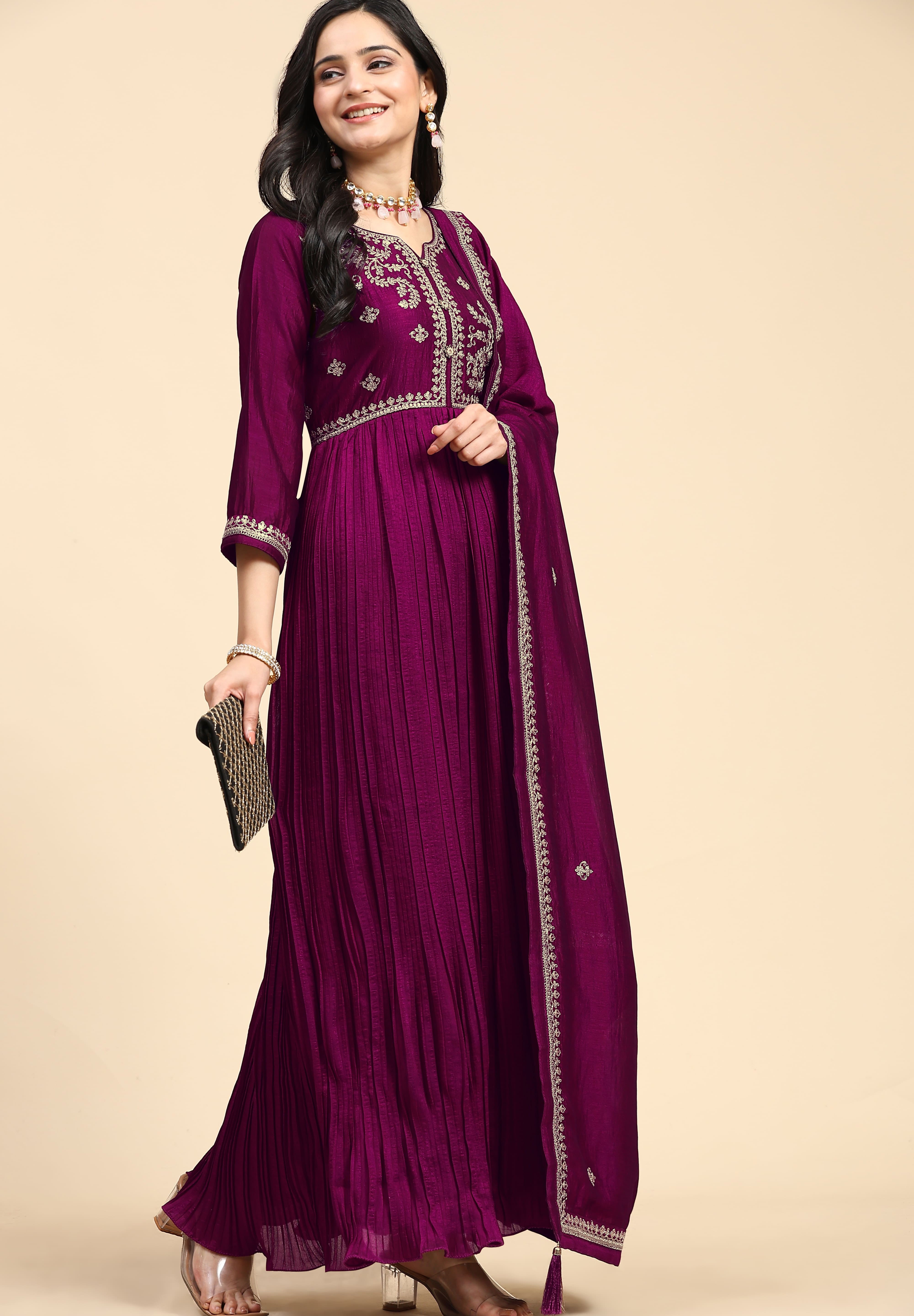 Purple Vichitra Silk Embroidery Anarkali  Salwar Suit Set with Dupatta For Women's Trendmallsin