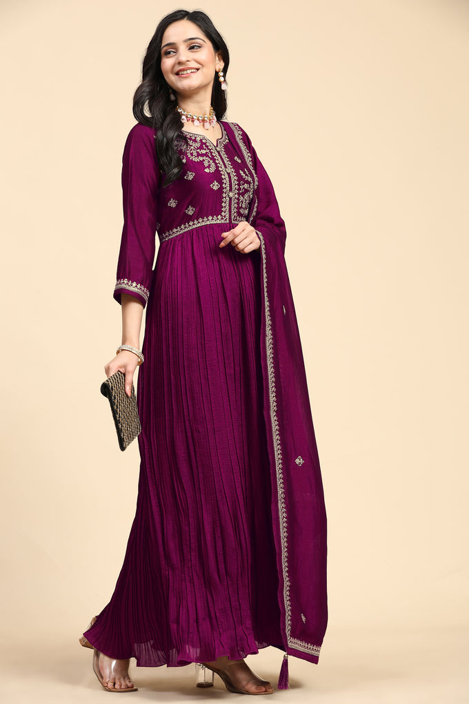 Purple Vichitra Silk Embroidery Anarkali  Salwar Suit Set with Dupatta For Women's Trendmallsin