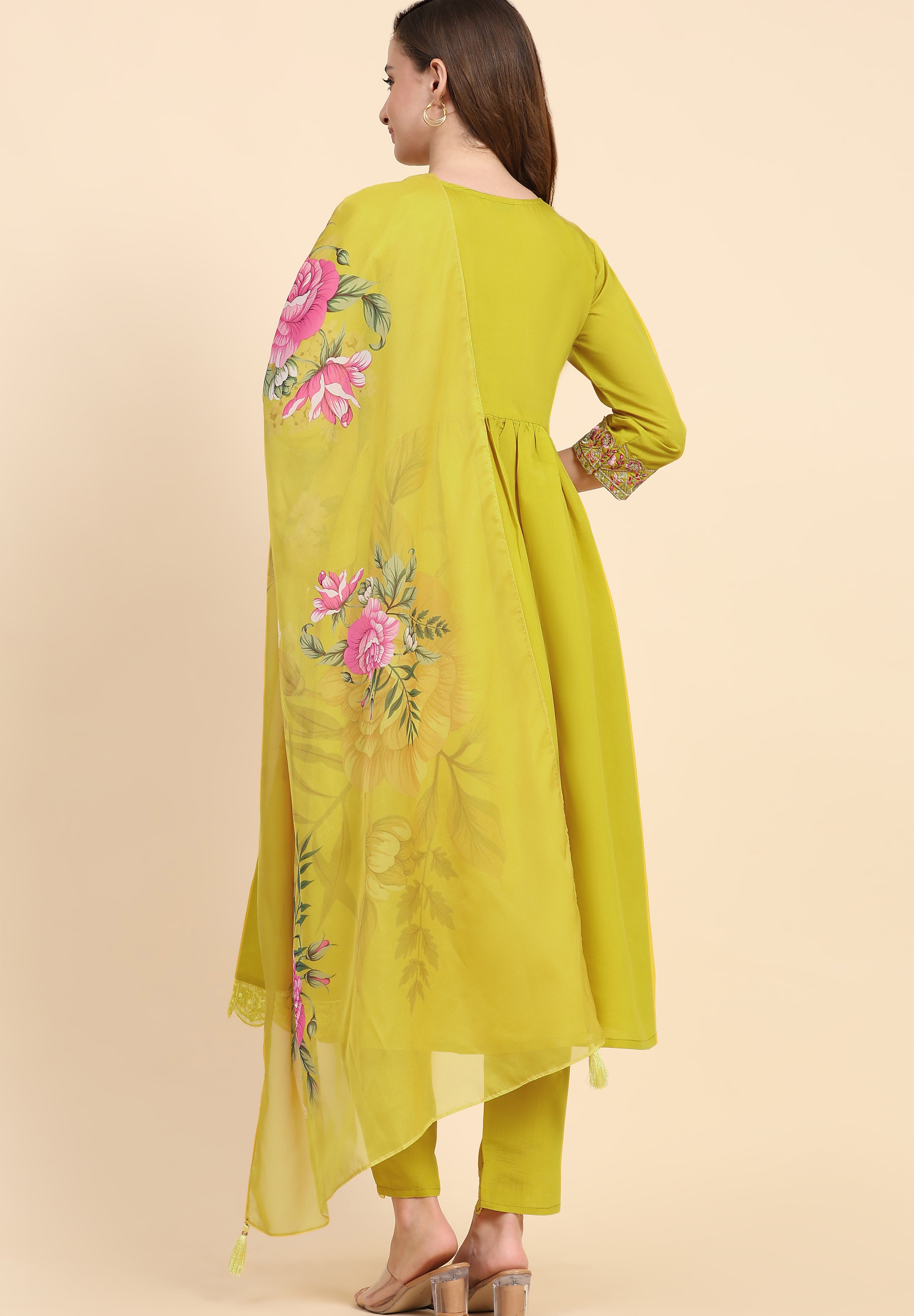 Yellow Satin Silk Embroidery Salwar Suit Set with Floral Printed Dupatta For Women's Trendmallsin