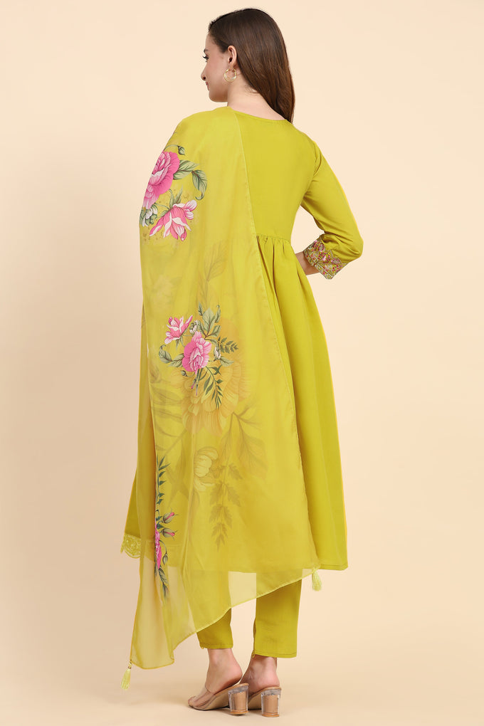 Yellow Satin Silk Embroidery Salwar Suit Set with Floral Printed Dupatta For Women's Trendmallsin