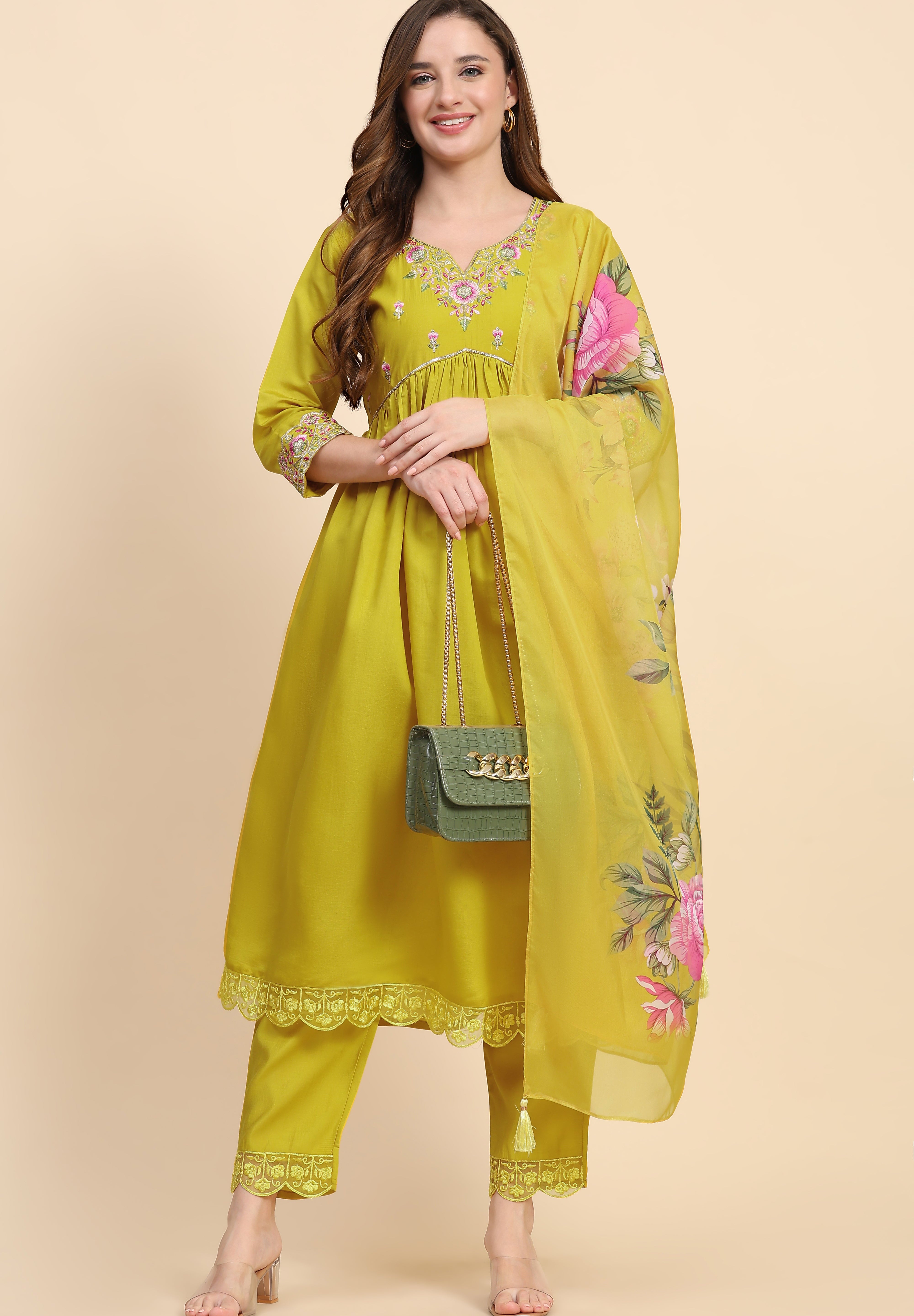 Yellow Satin Silk Embroidery Salwar Suit Set with Floral Printed Dupatta For Women's Trendmallsin