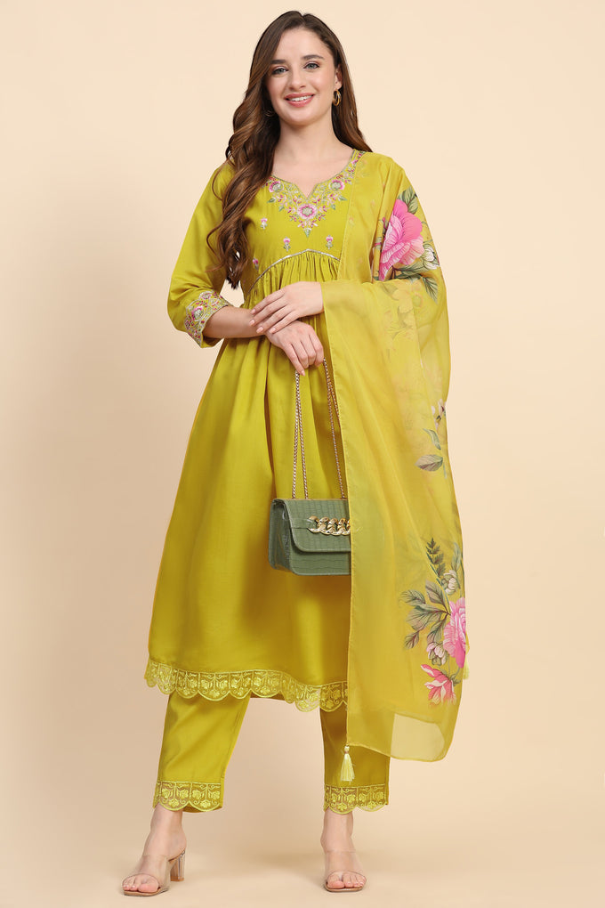 Yellow Satin Silk Embroidery Salwar Suit Set with Floral Printed Dupatta For Women's Trendmallsin
