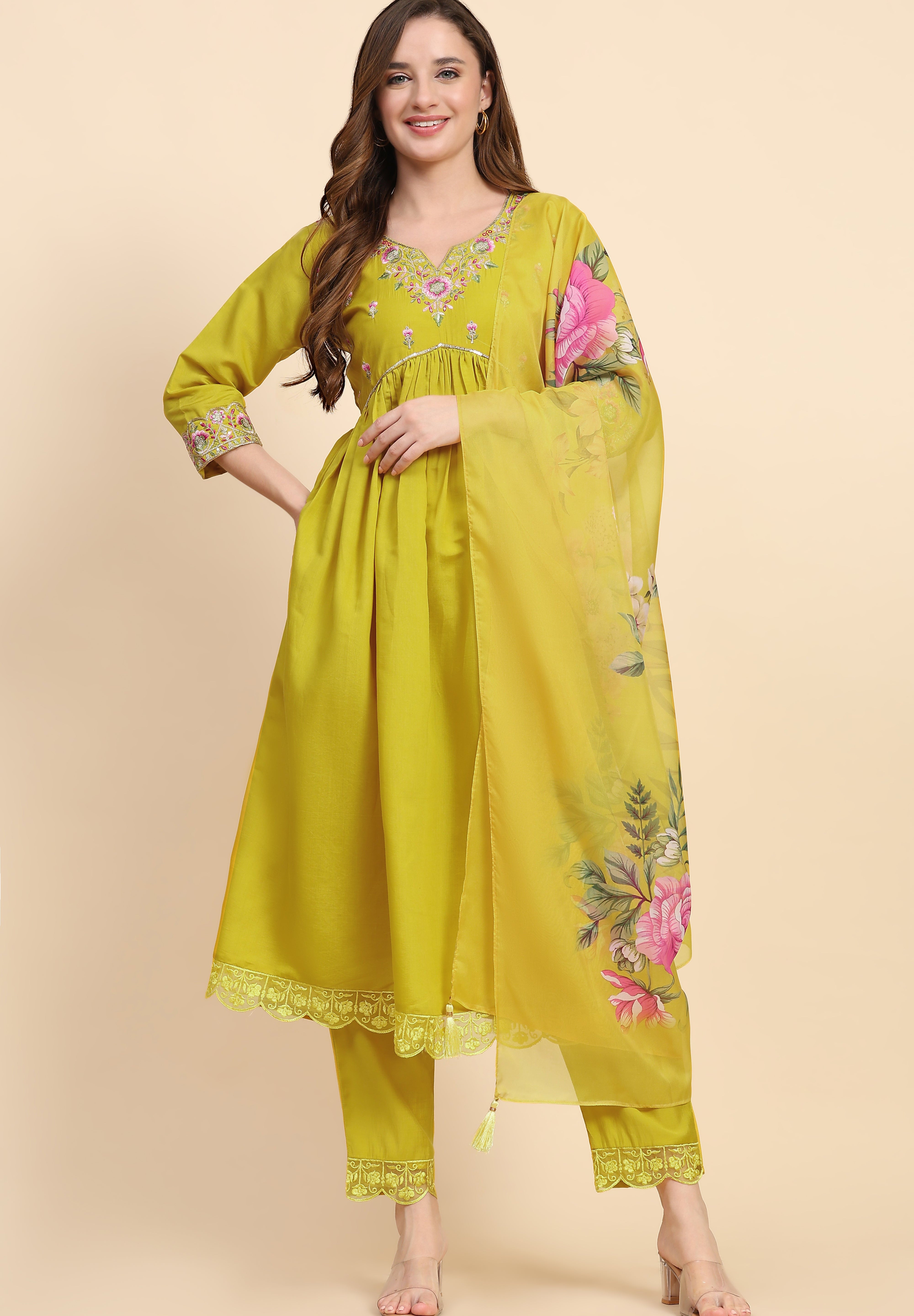 Yellow Satin Silk Embroidery Salwar Suit Set with Floral Printed Dupatta For Women's Trendmallsin
