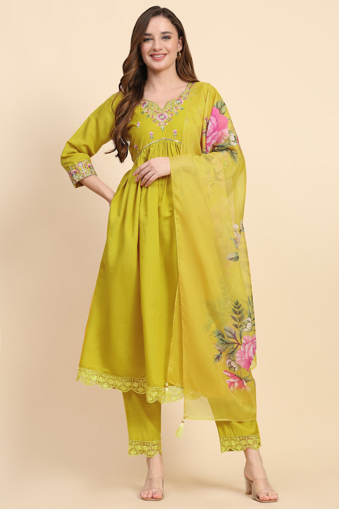 Yellow Satin Silk Embroidery Salwar Suit Set with Floral Printed Dupatta For Women's Trendmallsin