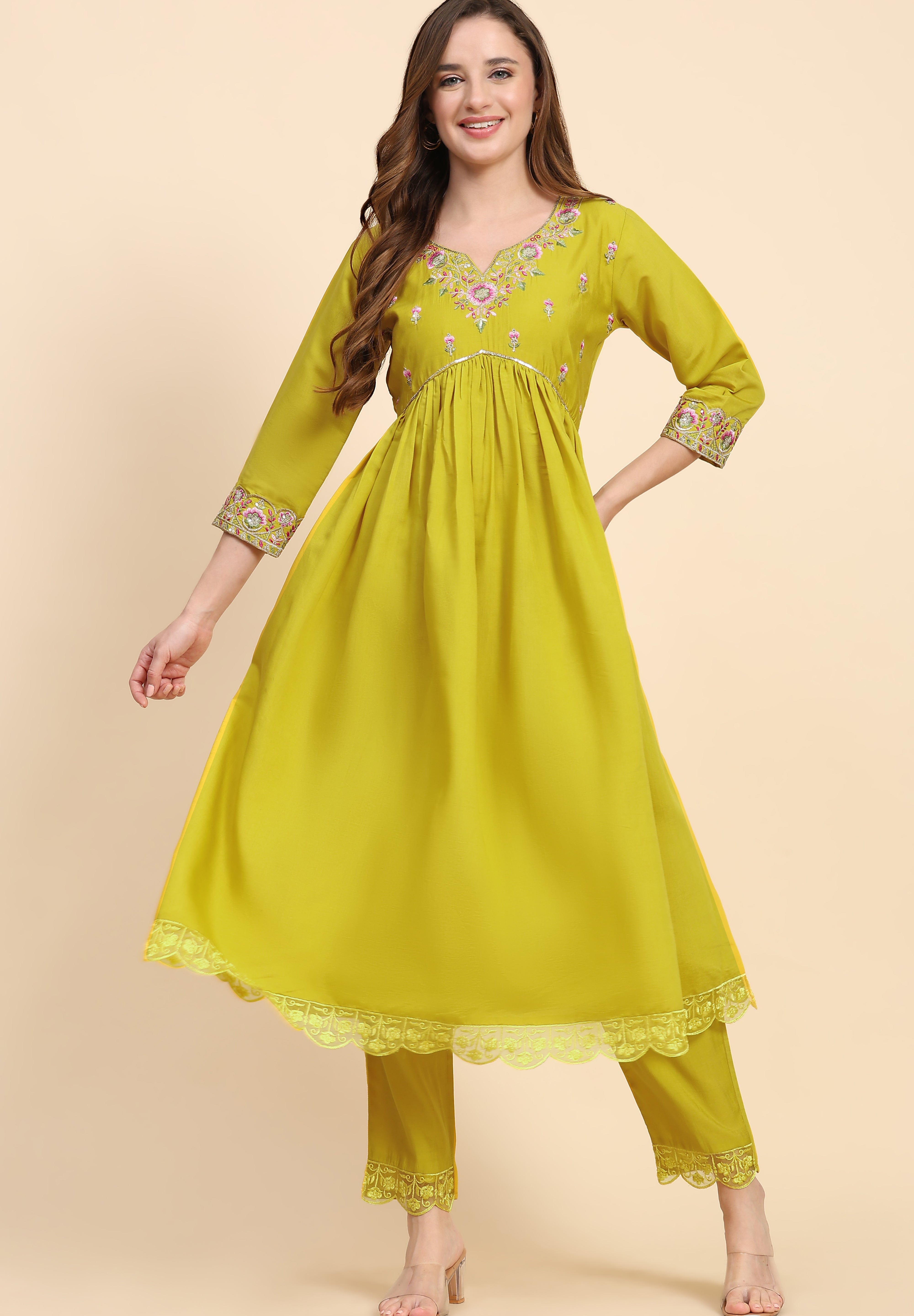 Yellow Satin Silk Embroidery Salwar Suit Set with Floral Printed Dupatta For Women's Trendmallsin