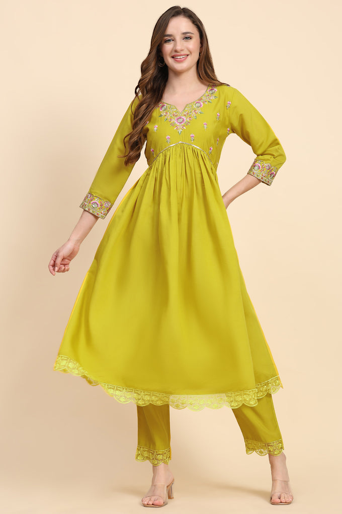 Yellow Satin Silk Embroidery Salwar Suit Set with Floral Printed Dupatta For Women's Trendmallsin