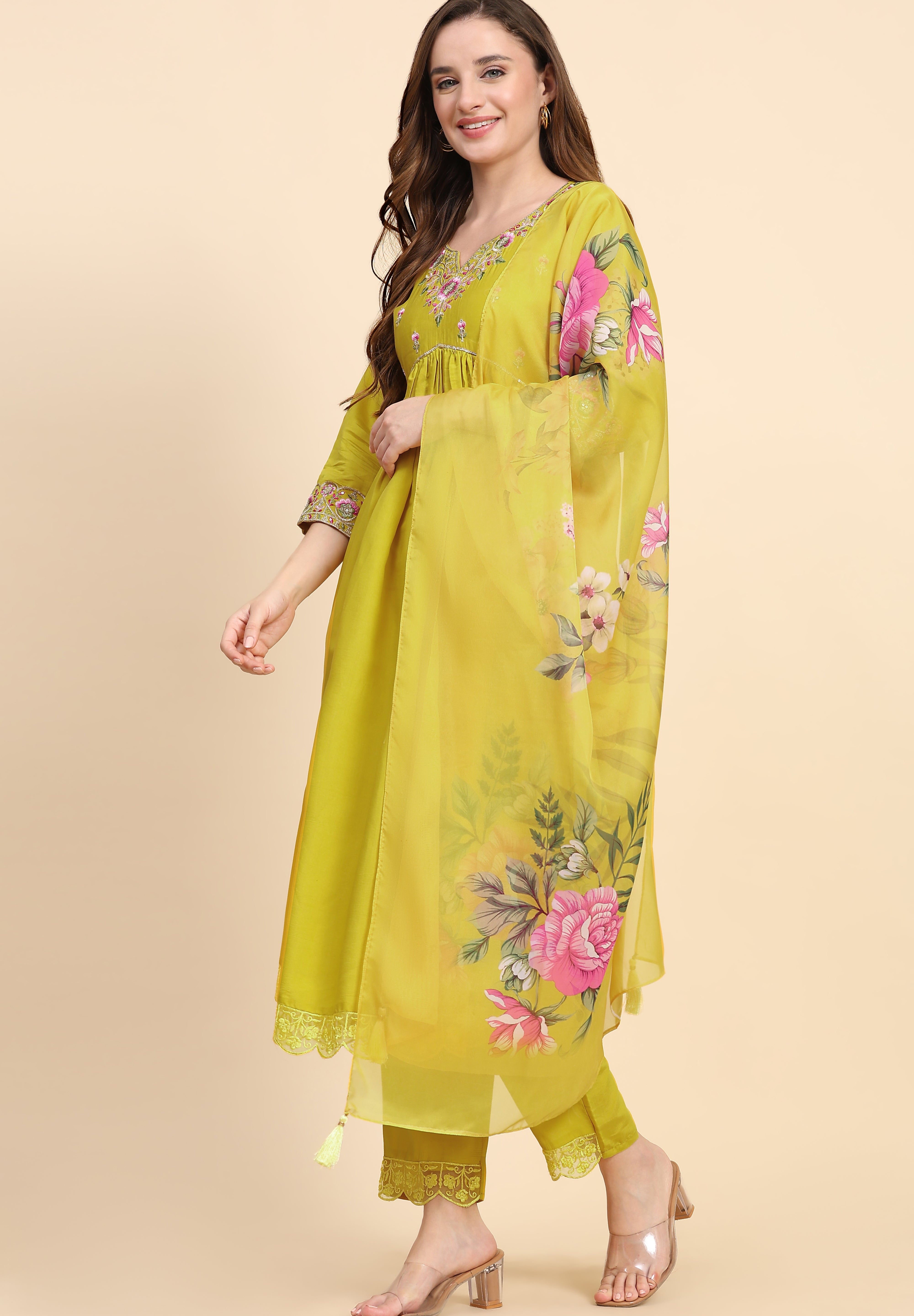 Yellow Satin Silk Embroidery Salwar Suit Set with Floral Printed Dupatta For Women's Trendmallsin