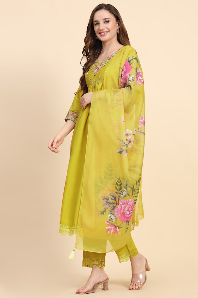 Yellow Satin Silk Embroidery Salwar Suit Set with Floral Printed Dupatta For Women's Trendmallsin