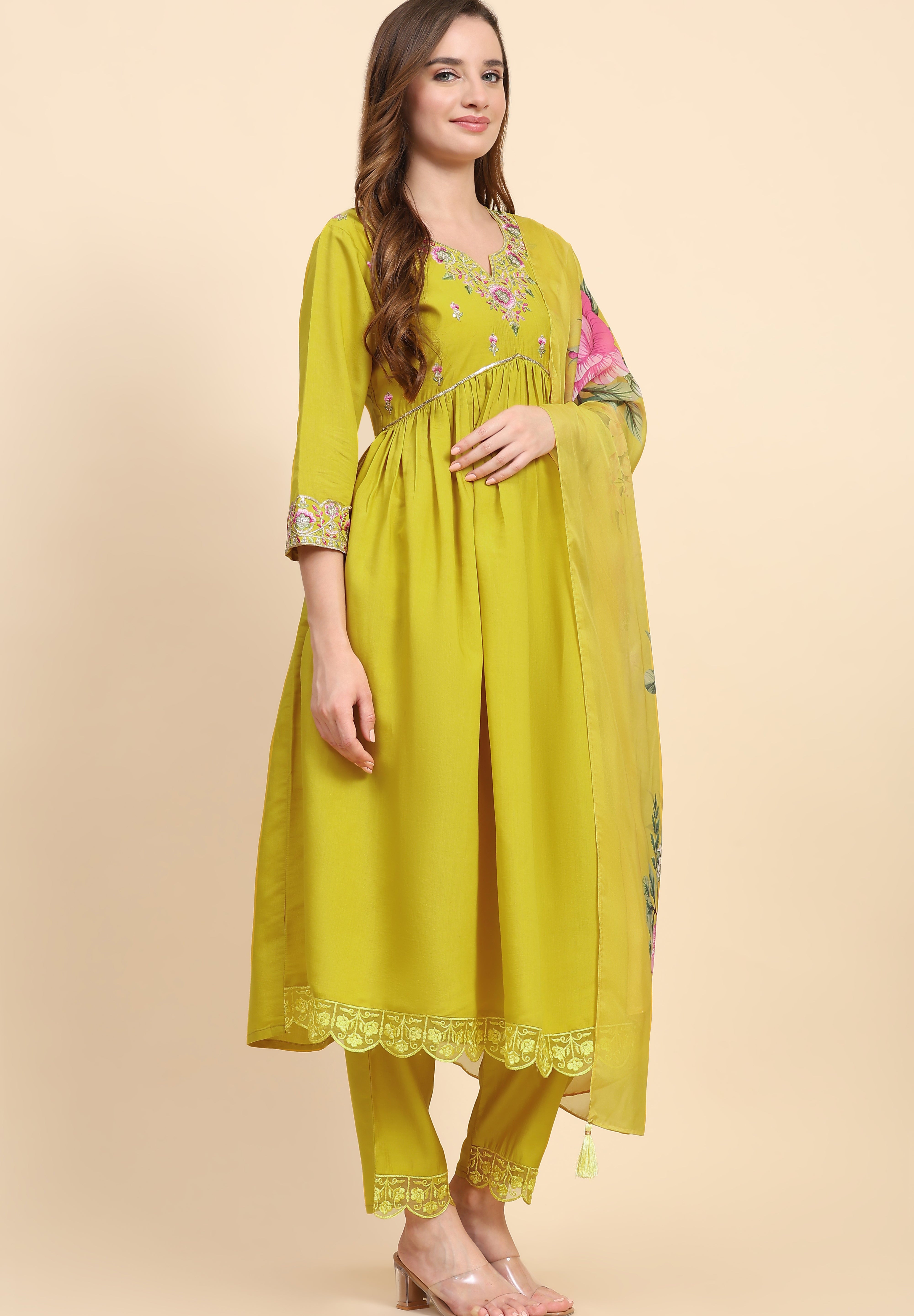 Yellow Satin Silk Embroidery Salwar Suit Set with Floral Printed Dupatta For Women's Trendmallsin
