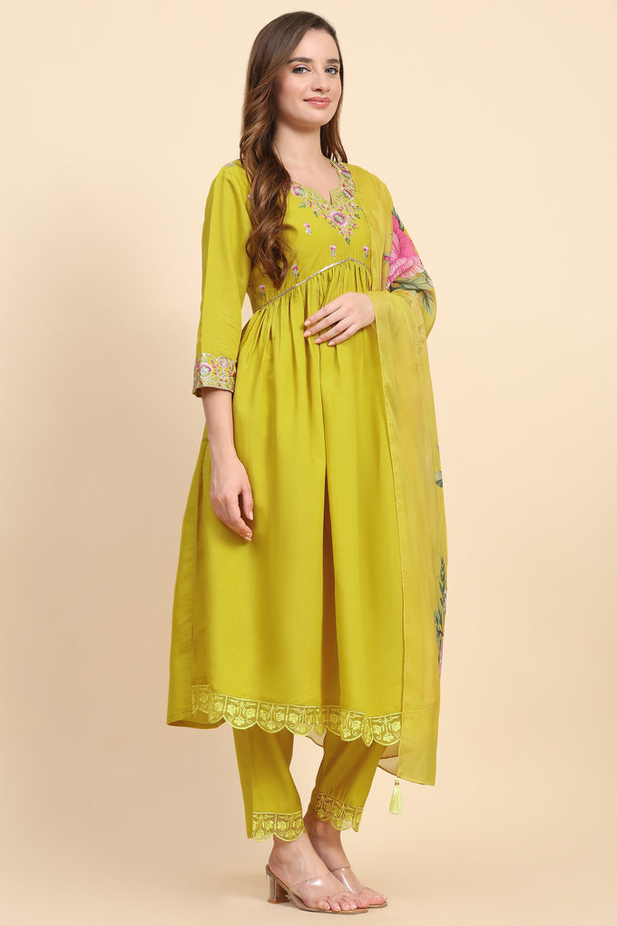 Yellow Satin Silk Embroidery Salwar Suit Set with Floral Printed Dupatta For Women's Trendmallsin