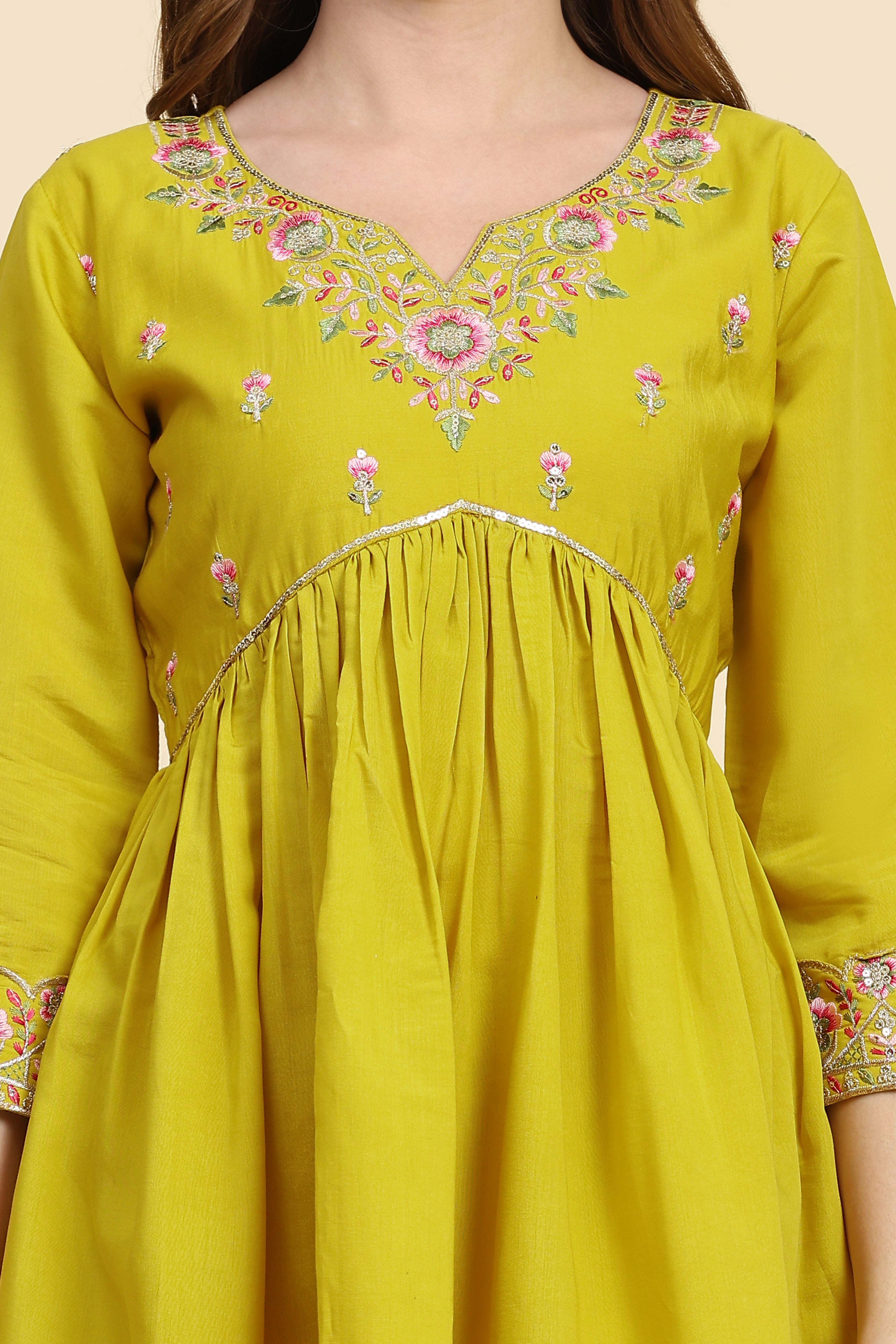 Yellow Satin Silk Embroidery Salwar Suit Set with Floral Printed Dupatta For Women's Trendmallsin