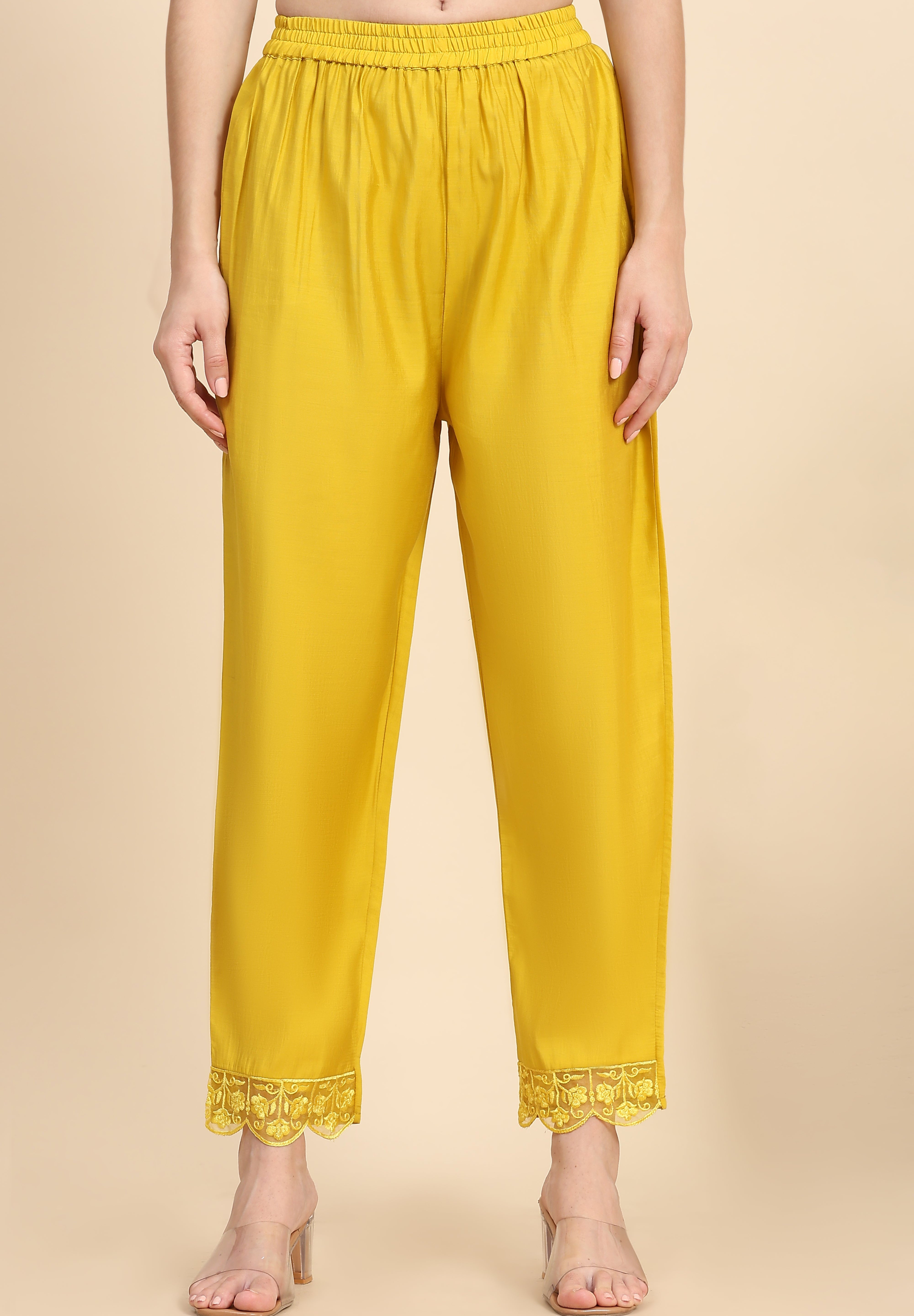 Yellow Satin Silk Embroidery Salwar Suit Set with Floral Printed Dupatta For Women's Trendmallsin