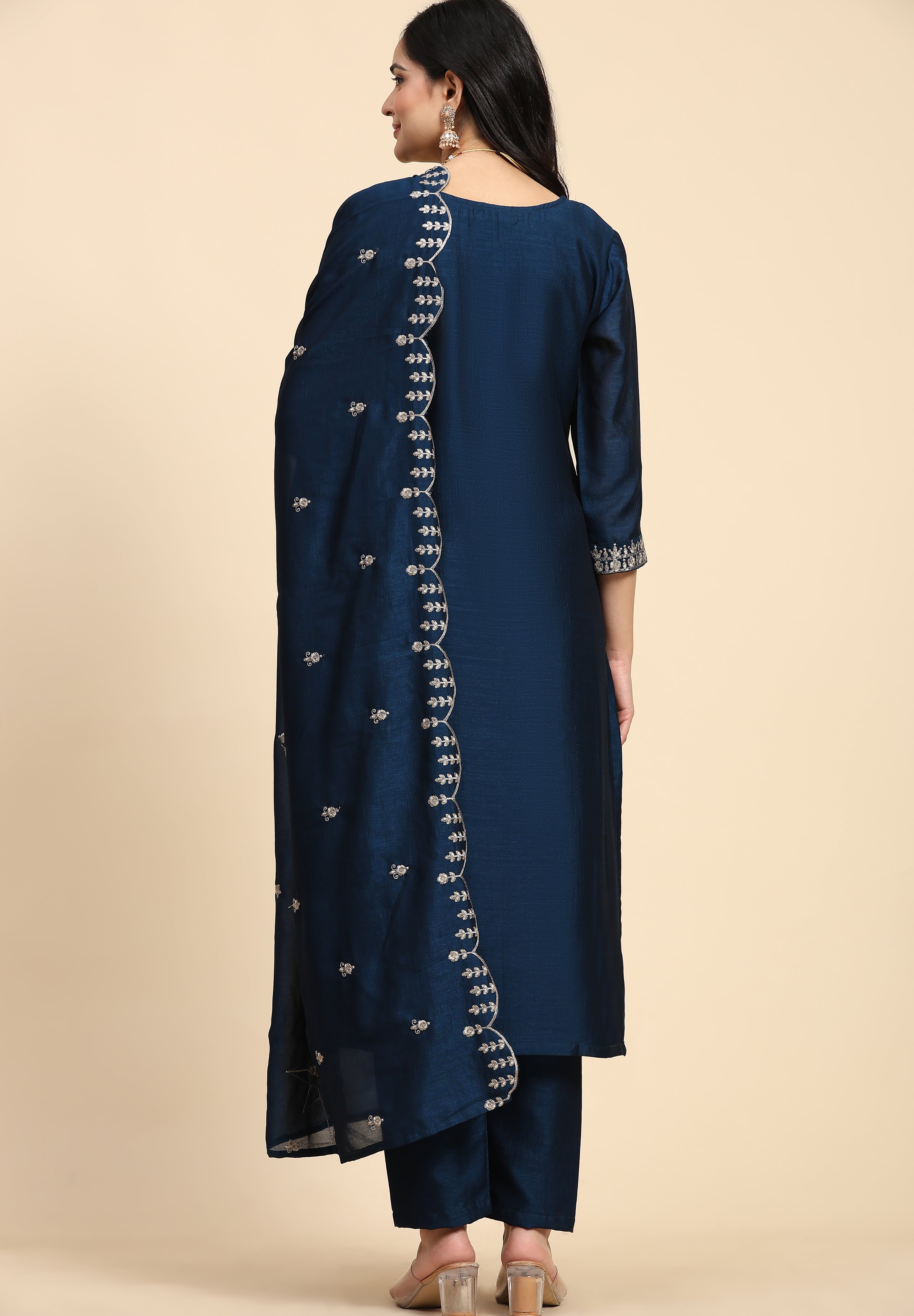 Blue Vichitra Silk Embroidery Salwar Suit Set with Dupatta Kurta Set for Women's Trendmallsin