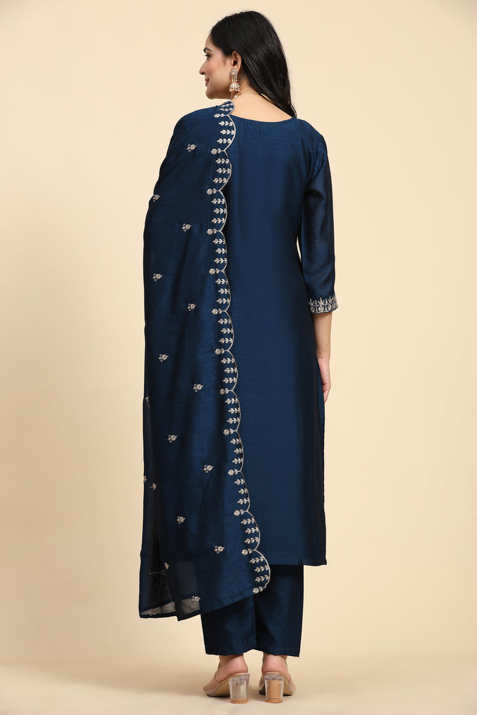 Blue Vichitra Silk Embroidery Salwar Suit Set with Dupatta Kurta Set for Women's Trendmallsin