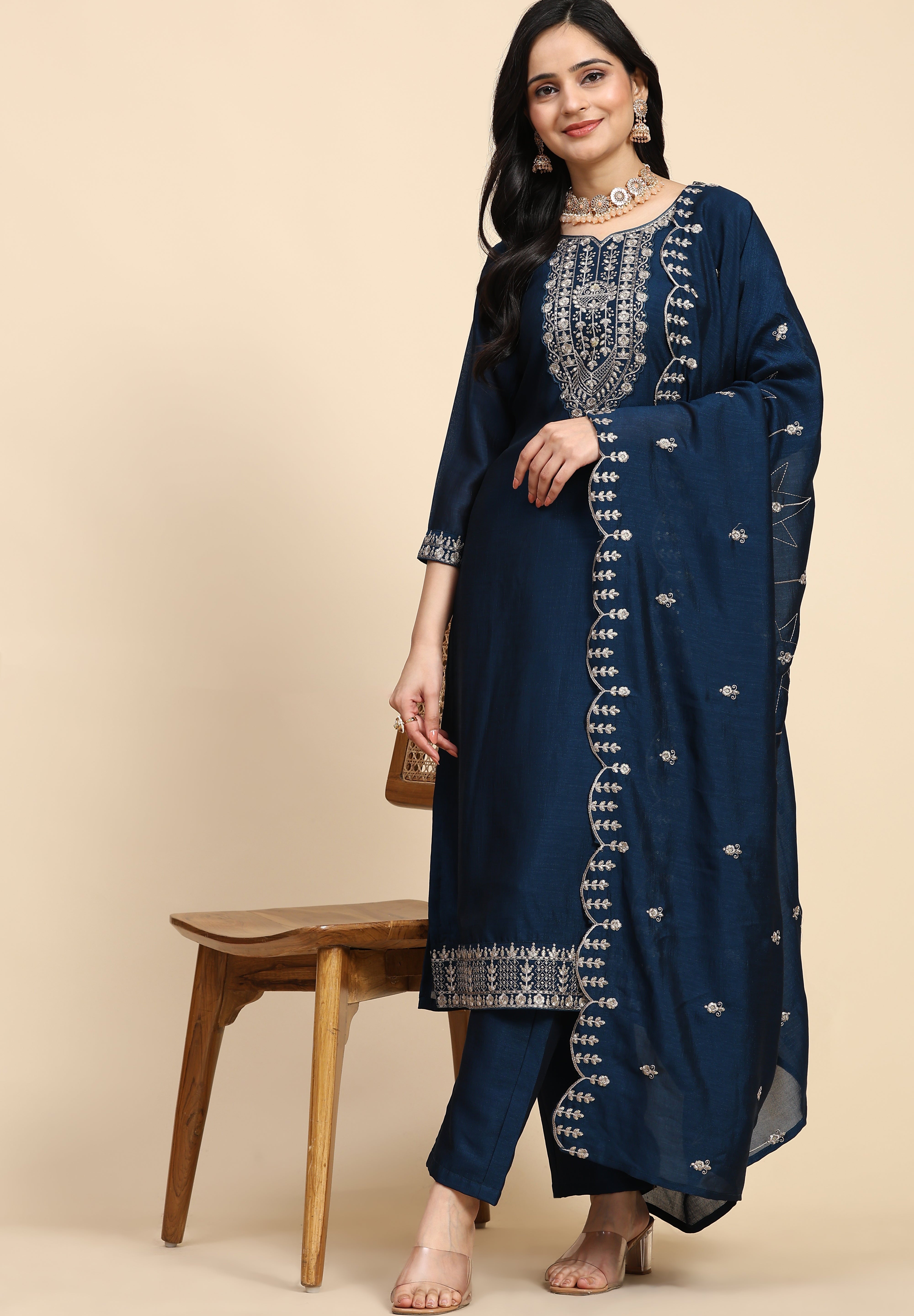 Blue Vichitra Silk Embroidery Salwar Suit Set with Dupatta Kurta Set for Women's Trendmallsin