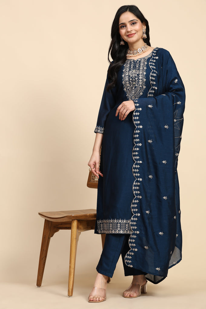Blue Vichitra Silk Embroidery Salwar Suit Set with Dupatta Kurta Set for Women's Trendmallsin