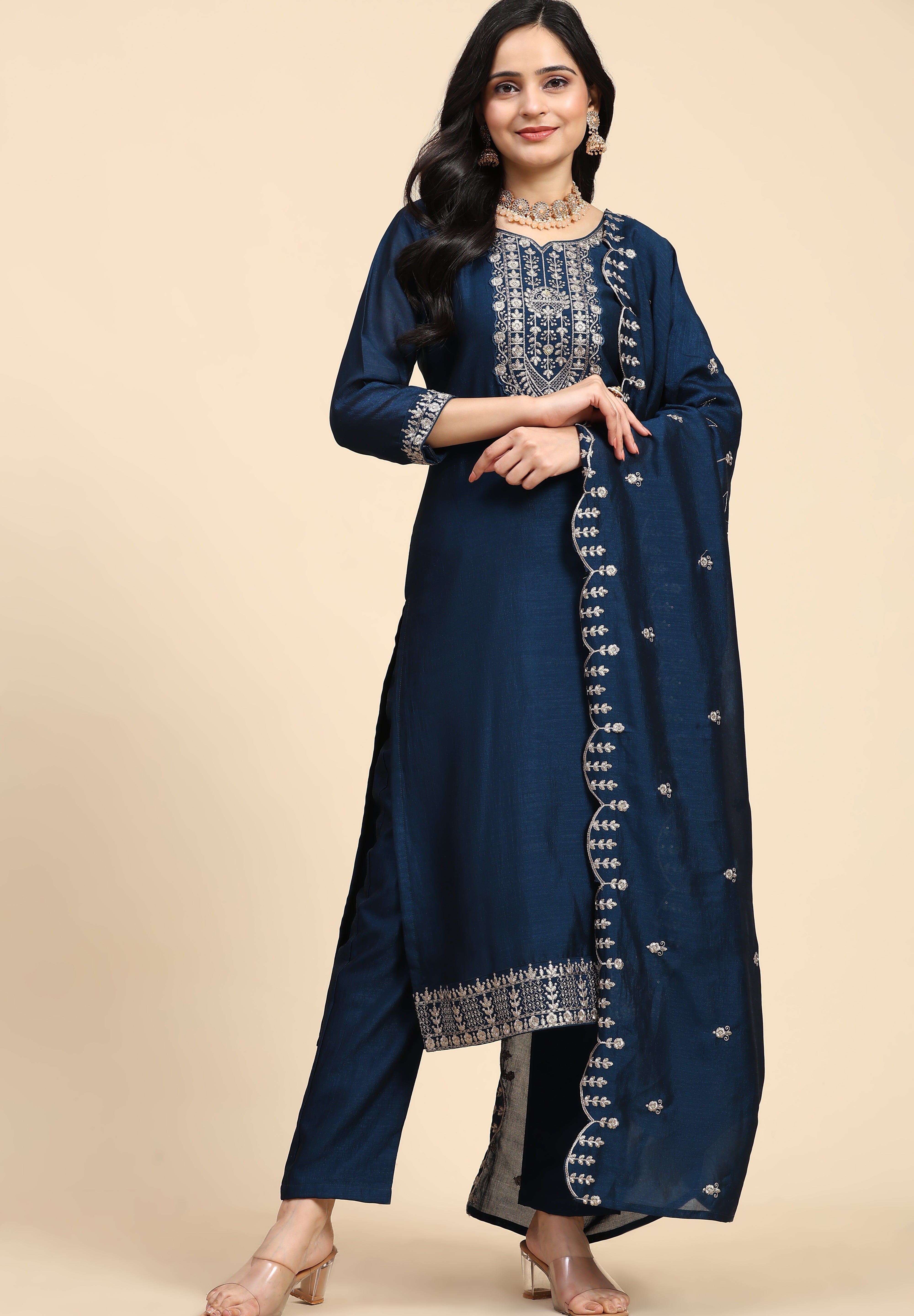 Blue Vichitra Silk Embroidery Salwar Suit Set with Dupatta Kurta Set for Women's Trendmallsin