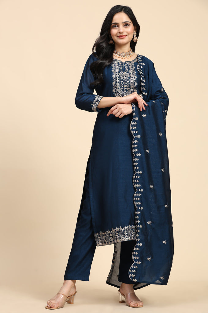 Blue Vichitra Silk Embroidery Salwar Suit Set with Dupatta Kurta Set for Women's Trendmallsin