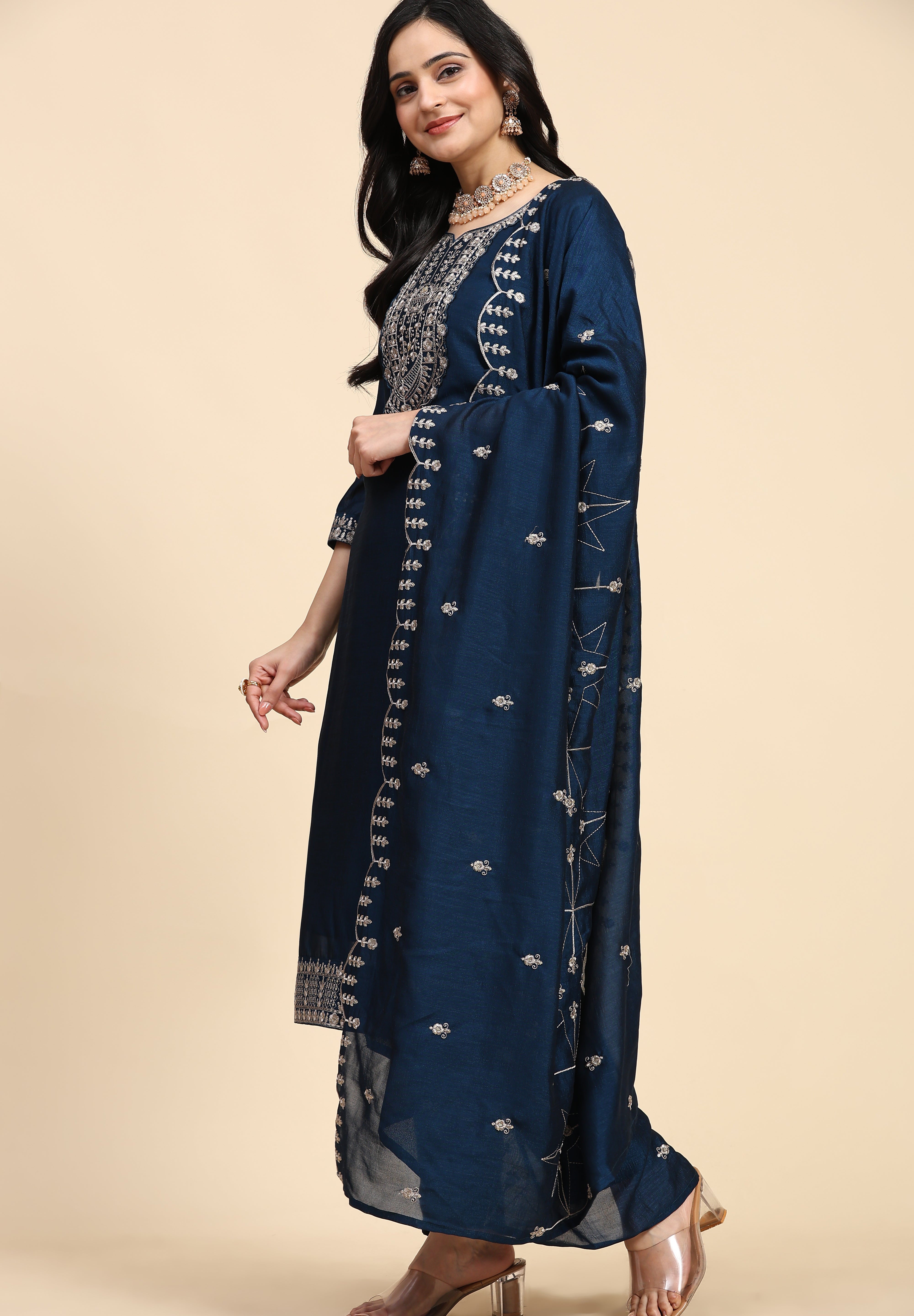 Blue Vichitra Silk Embroidery Salwar Suit Set with Dupatta Kurta Set for Women's Trendmallsin