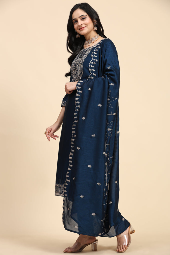 Blue Vichitra Silk Embroidery Salwar Suit Set with Dupatta Kurta Set for Women's Trendmallsin