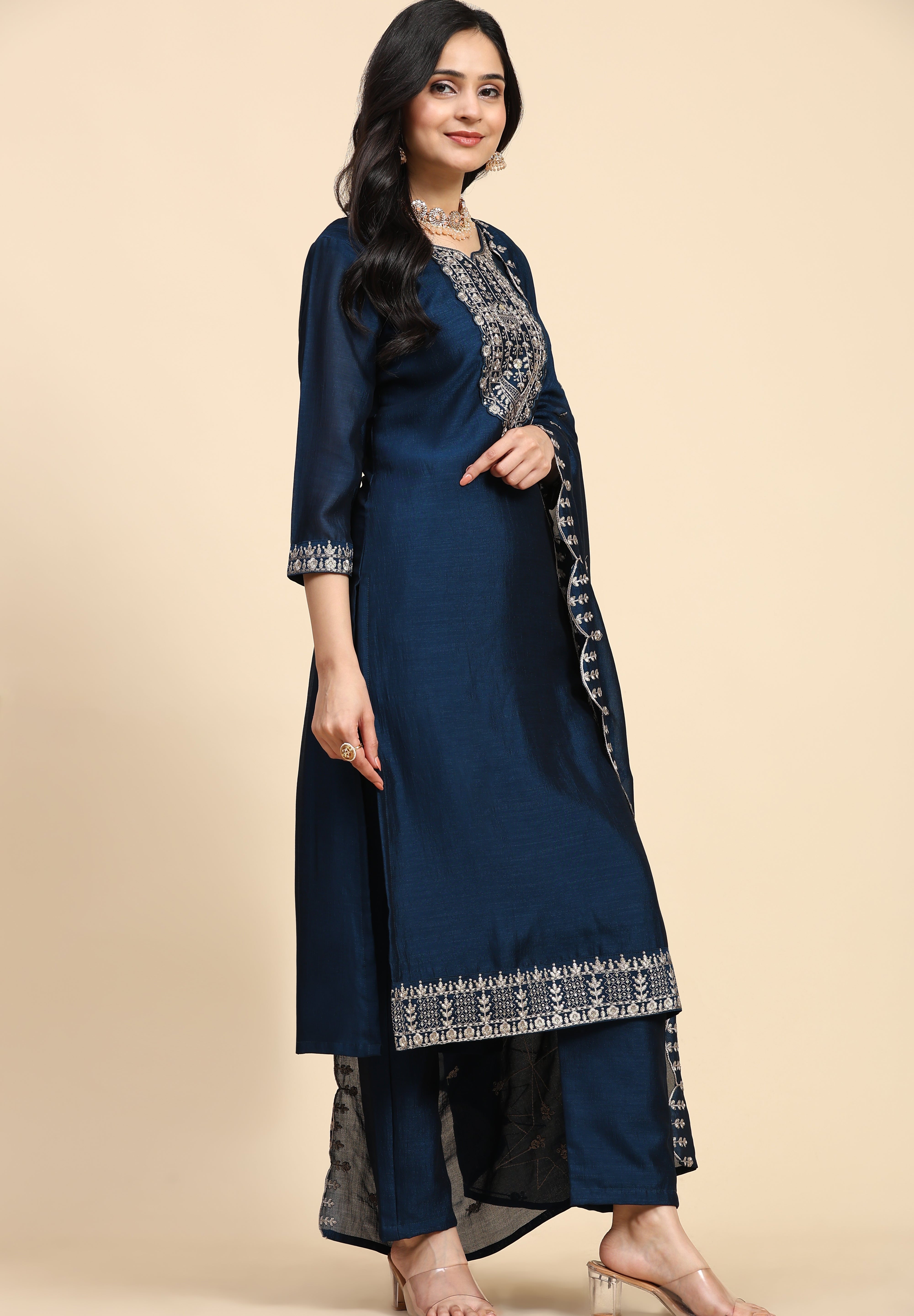 Blue Vichitra Silk Embroidery Salwar Suit Set with Dupatta Kurta Set for Women's Trendmallsin