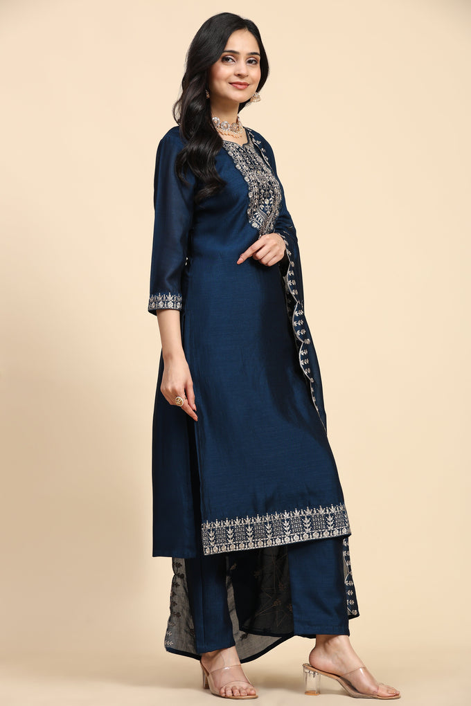 Blue Vichitra Silk Embroidery Salwar Suit Set with Dupatta Kurta Set for Women's Trendmallsin