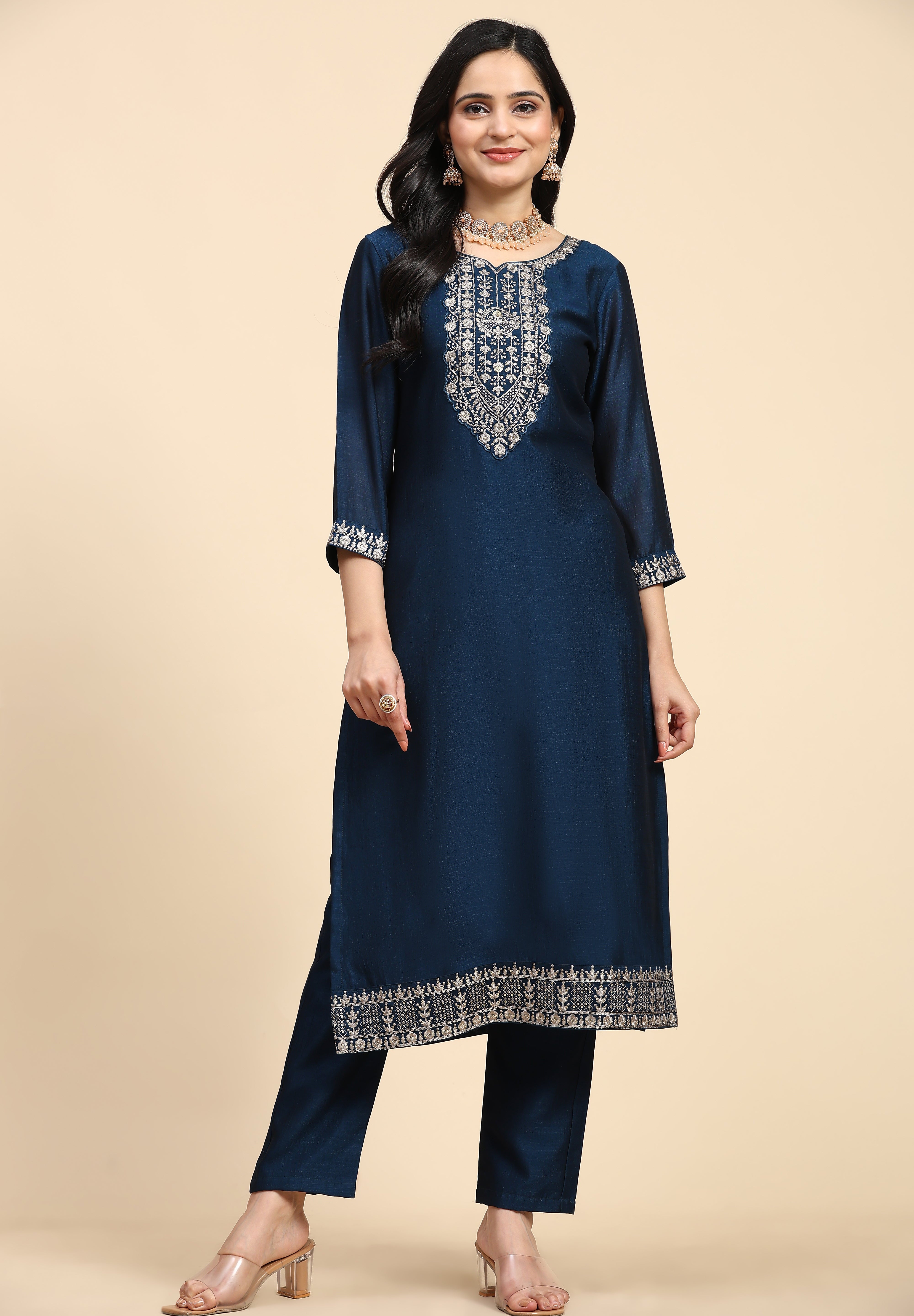 Blue Vichitra Silk Embroidery Salwar Suit Set with Dupatta Kurta Set for Women's Trendmallsin