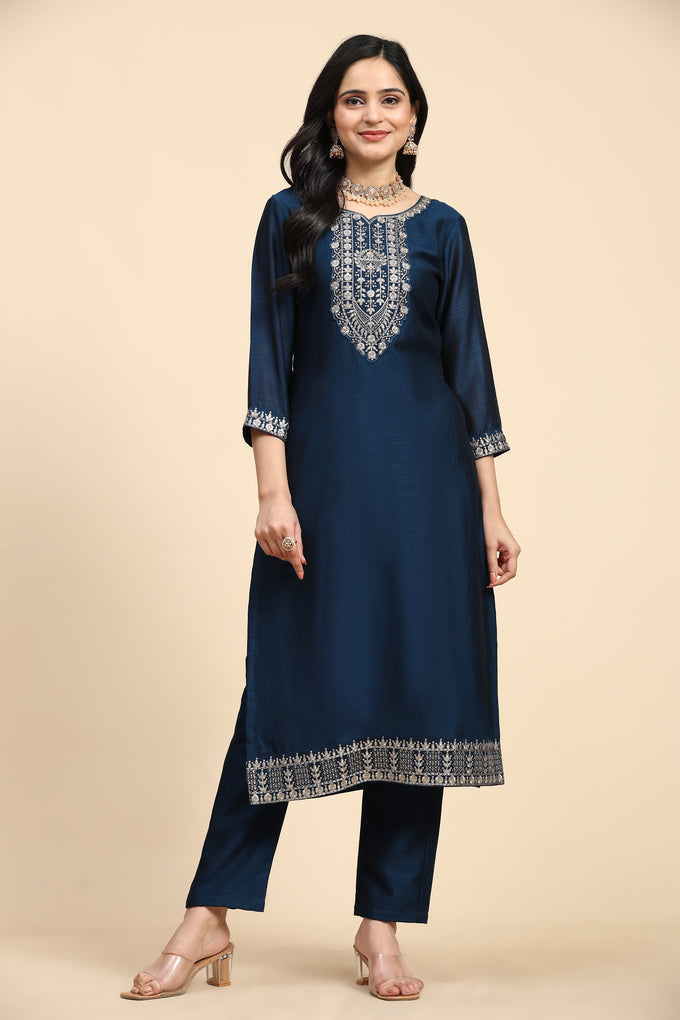 Blue Vichitra Silk Embroidery Salwar Suit Set with Dupatta Kurta Set for Women's Trendmallsin