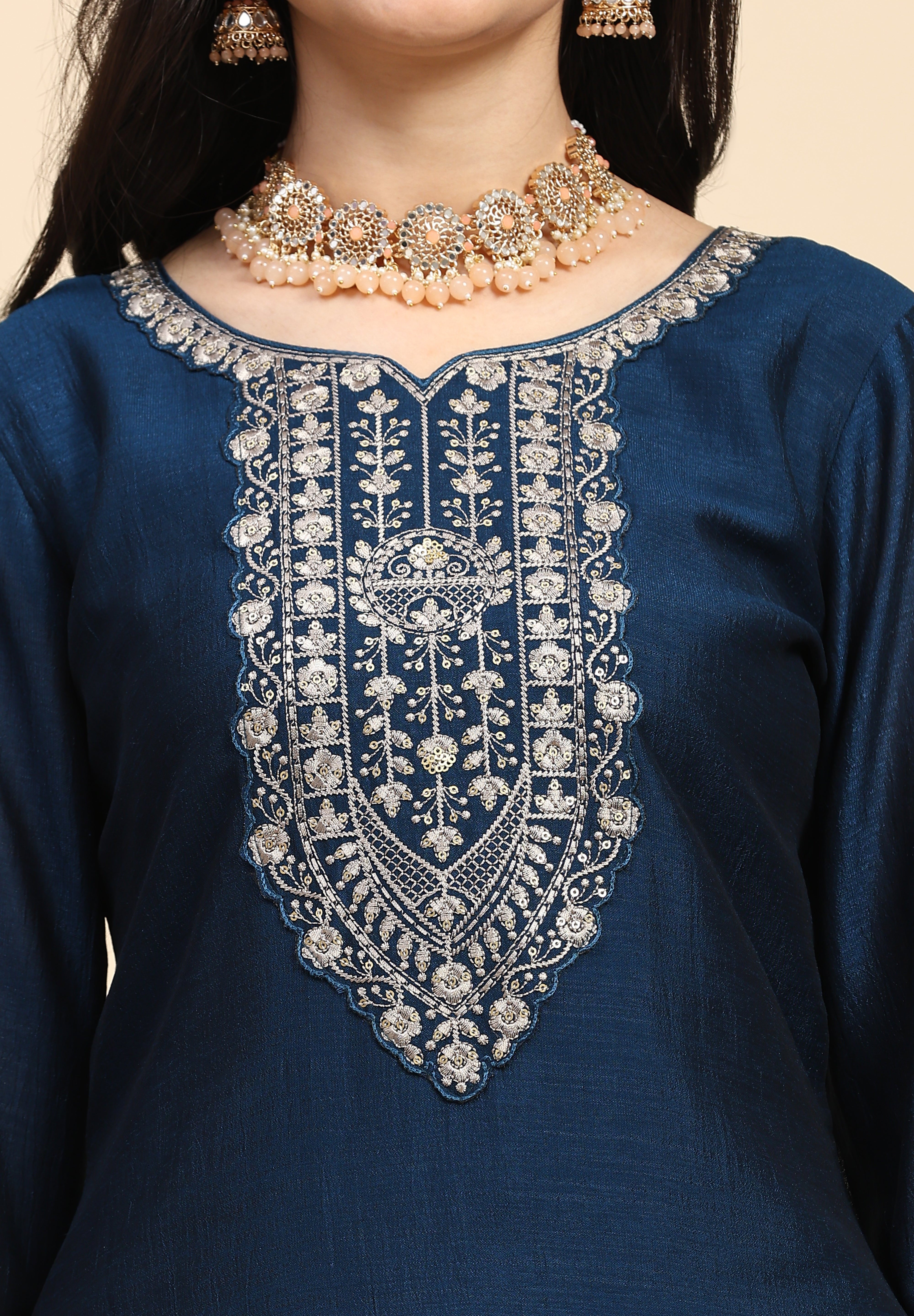 Blue Vichitra Silk Embroidery Salwar Suit Set with Dupatta Kurta Set for Women's Trendmallsin