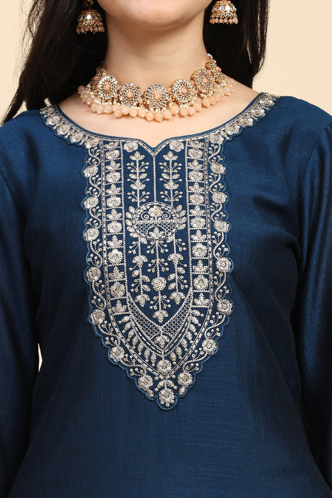 Blue Vichitra Silk Embroidery Salwar Suit Set with Dupatta Kurta Set for Women's Trendmallsin