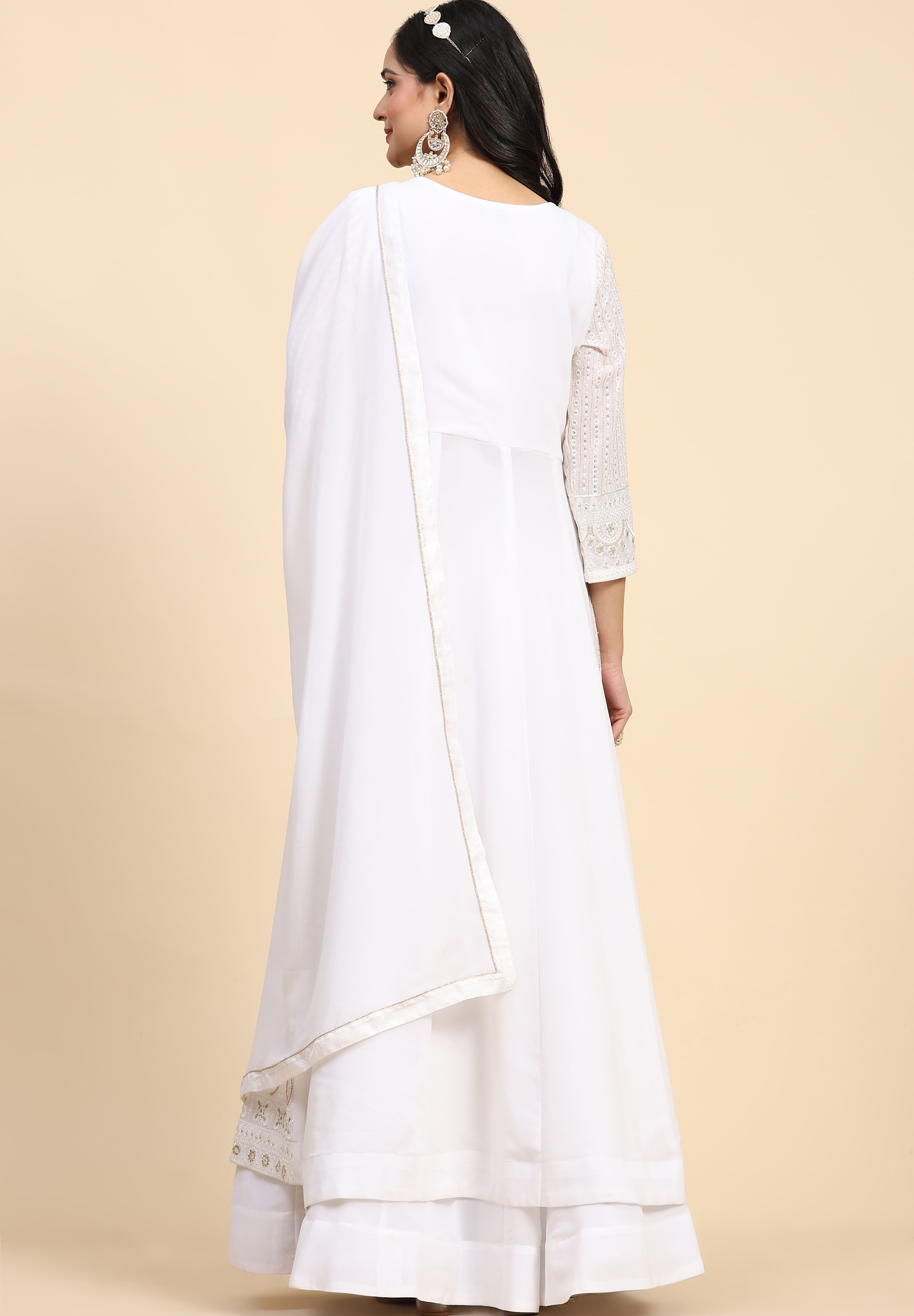 White  Georgette Embroidery Anarklai Suit Set Kurta Lehenga with Dupatta Kurta Set for Women's Trendmallsin