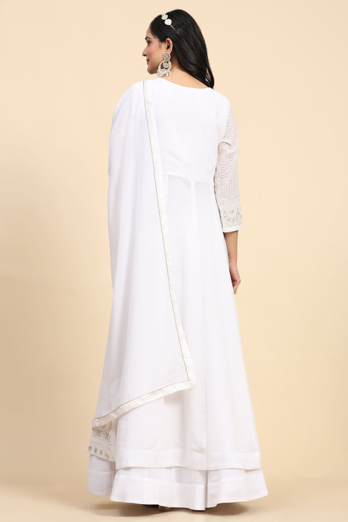 White  Georgette Embroidery Anarklai Suit Set Kurta Lehenga with Dupatta Kurta Set for Women's Trendmallsin